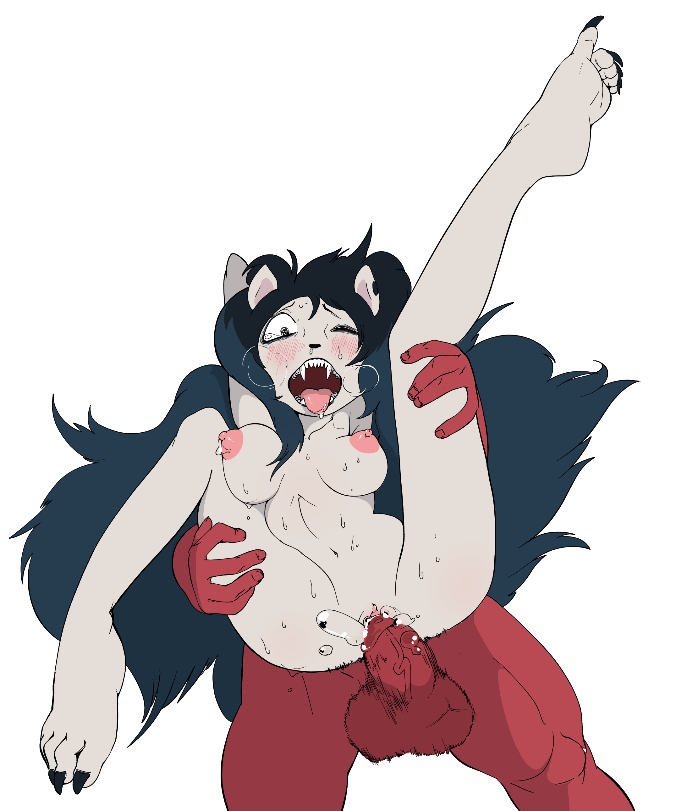areolae, black hair, breasts, claire (the summoning), claws, dark skin, dark-skinned male, feline, female, furry, goth, human, human on anthro, interspecies, long hair, male, male human/female anthro, male on anthro, male/female, muscular, muscular male, nipples, nude, penis, pussy, sex, straight, the summoning, unseen male face, vaginal penetration, yellow elephant
