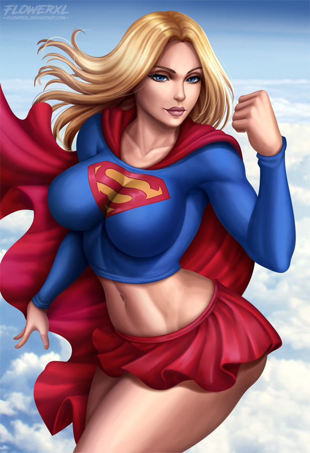 1girls abs adult athletic_female big_boobs big_breasts blonde_hair blue_eyes breasts cape cleavage dc female female_only flowerxl flying kara_zor-el large_breasts linda_danvers long_hair looking_at_viewer pale-skinned_female pink_lipstick pinup red_cape red_skirt skirt sky_background solo solo_female supergirl supergirl_(series) superheroine superman_(series) thick_thighs topwear watermark