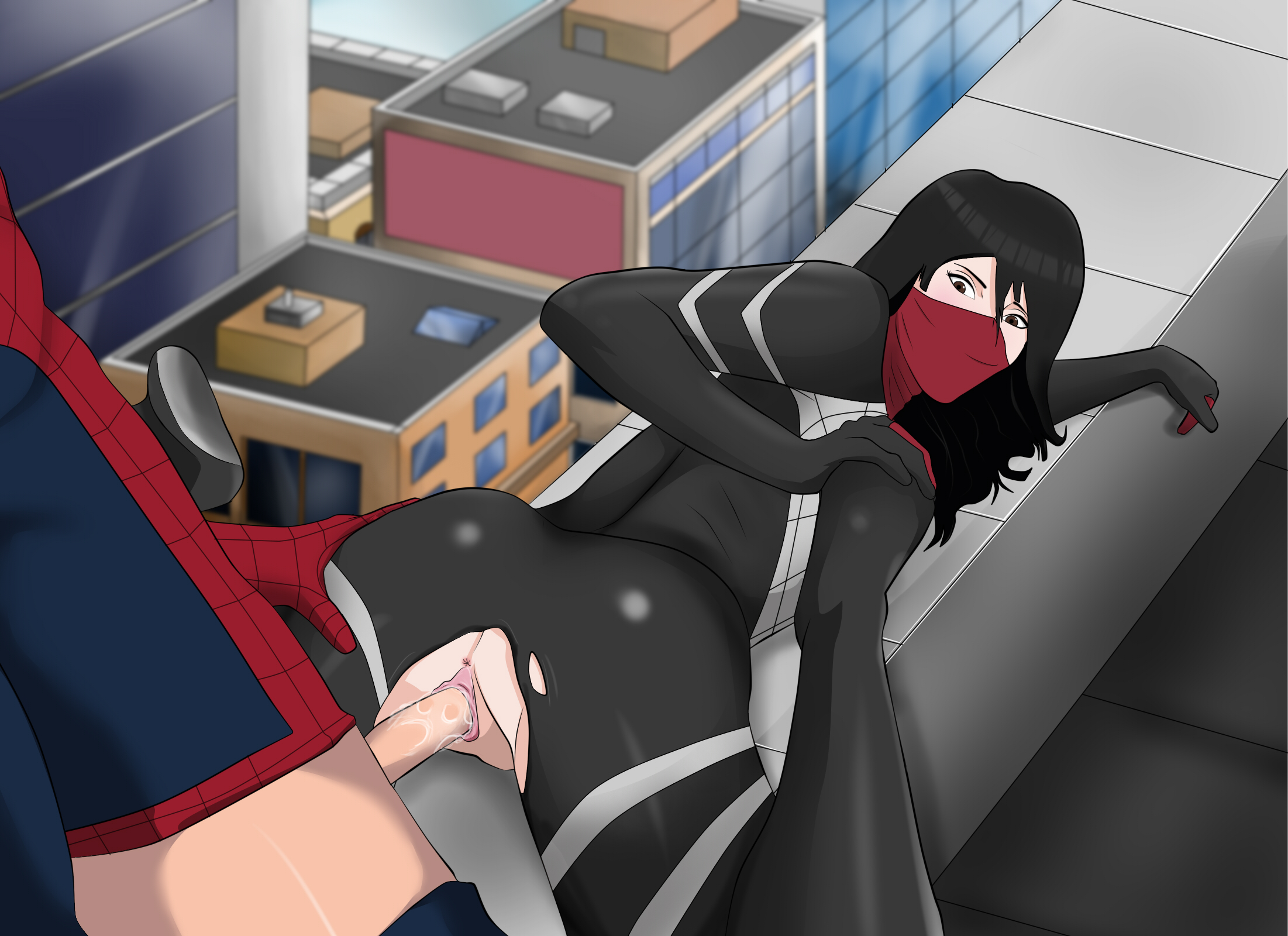 1boy, 1girls, ass, ass grab, breasts, brown eyes, canonical sex, cindy moon, city background, cityscape, costume, dark hair, detailed background, faceless male, female, from behind position, half-dressed, interracial, legs grab, light skin, light-skinned male, male, marvel, marvel comics, mask, masked, outdoors, outside, penis, peter parker, pussy, pussy juice, ripped clothing, scarf, sex, silk, silk (marvel), skin tight, spider-man, spider-man (series), spy eater (artist), straight, straight hair, suit, vaginal penetration, webcam