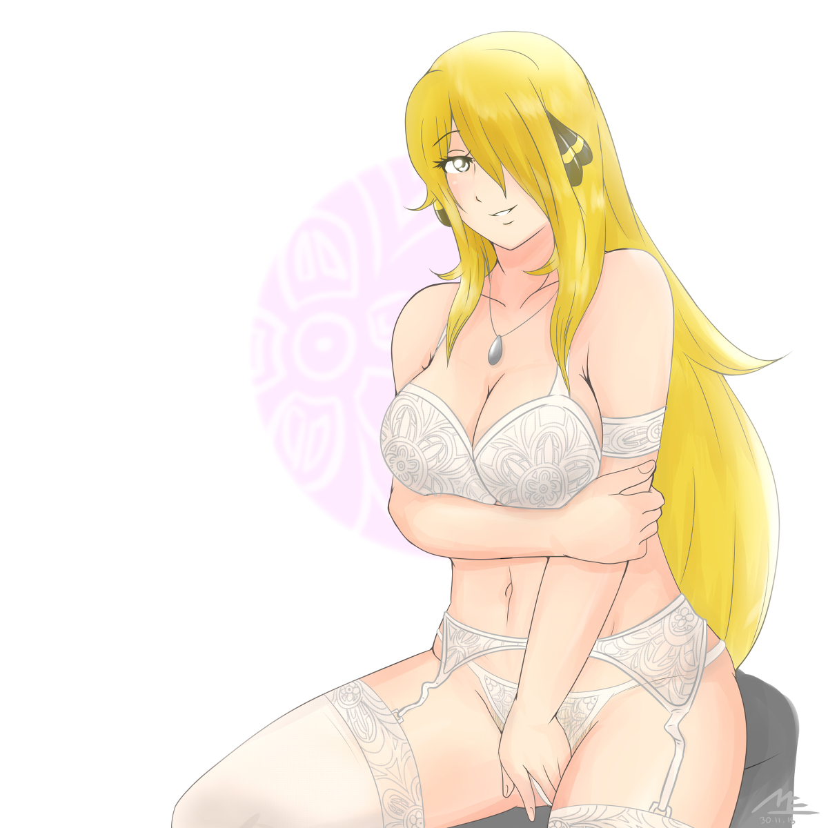 1girls, abs, arm grab, bare shoulders, belly, blonde hair, bra, breasts, cleavage, clothed, clothing, cynthia (pokemon), eyelashes, female, female only, grey eyes, hair ornament, hair over one eye, holding, huge breasts, human, lingerie, long hair, megurion, midriff, navel, necklace, nintendo, panties, pokemon, pokemon dppt, see-through, sitting, smile, solo, teeth, text, thighhighs, watermark, white background, white bra, white panties, white thighhighs