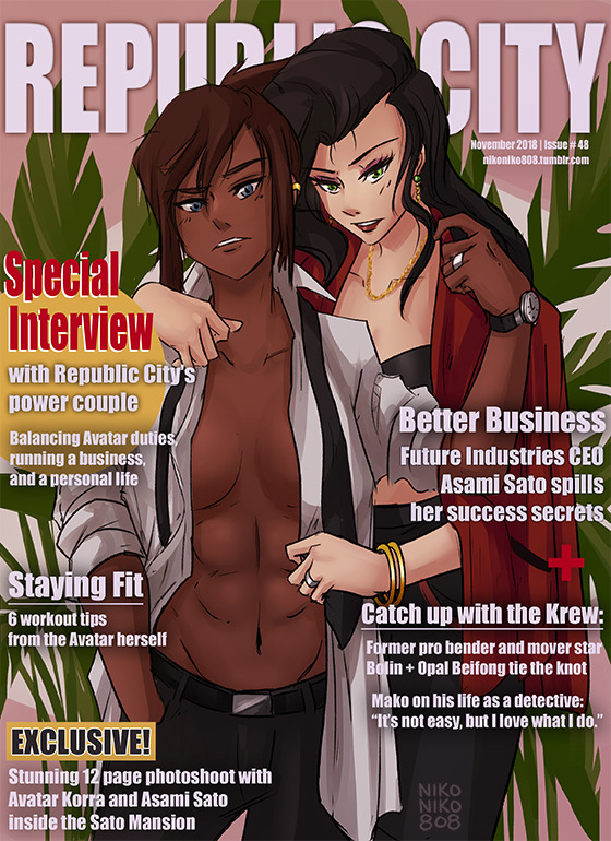 2girls asami_sato avatar_legends bra canon_couple chocolate_and_vanilla clothing dark-skinned_female dark_skin english_text female female_only human interracial korra light-skinned_female magazine_cover medium_breasts multiple_girls nikoniko808 open_shirt smooth_skin text the_avatar the_legend_of_korra water_tribe yuri