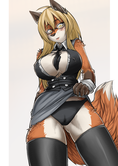 abstract_background anthro beauty_mark blonde_hair blush boots bottomwear breasts brook_adams button_(fastener) cameltoe canid canine chest_tuft cleavage clothed clothing clothing_lift eyewear female footwear fox fur glasses hair legwear linni-fight low-angle_view mammal nipple_bulge panties pokies rubber simple_background skirt skirt_lift solo thigh_boots thigh_highs tuft underwear yellow_eyes