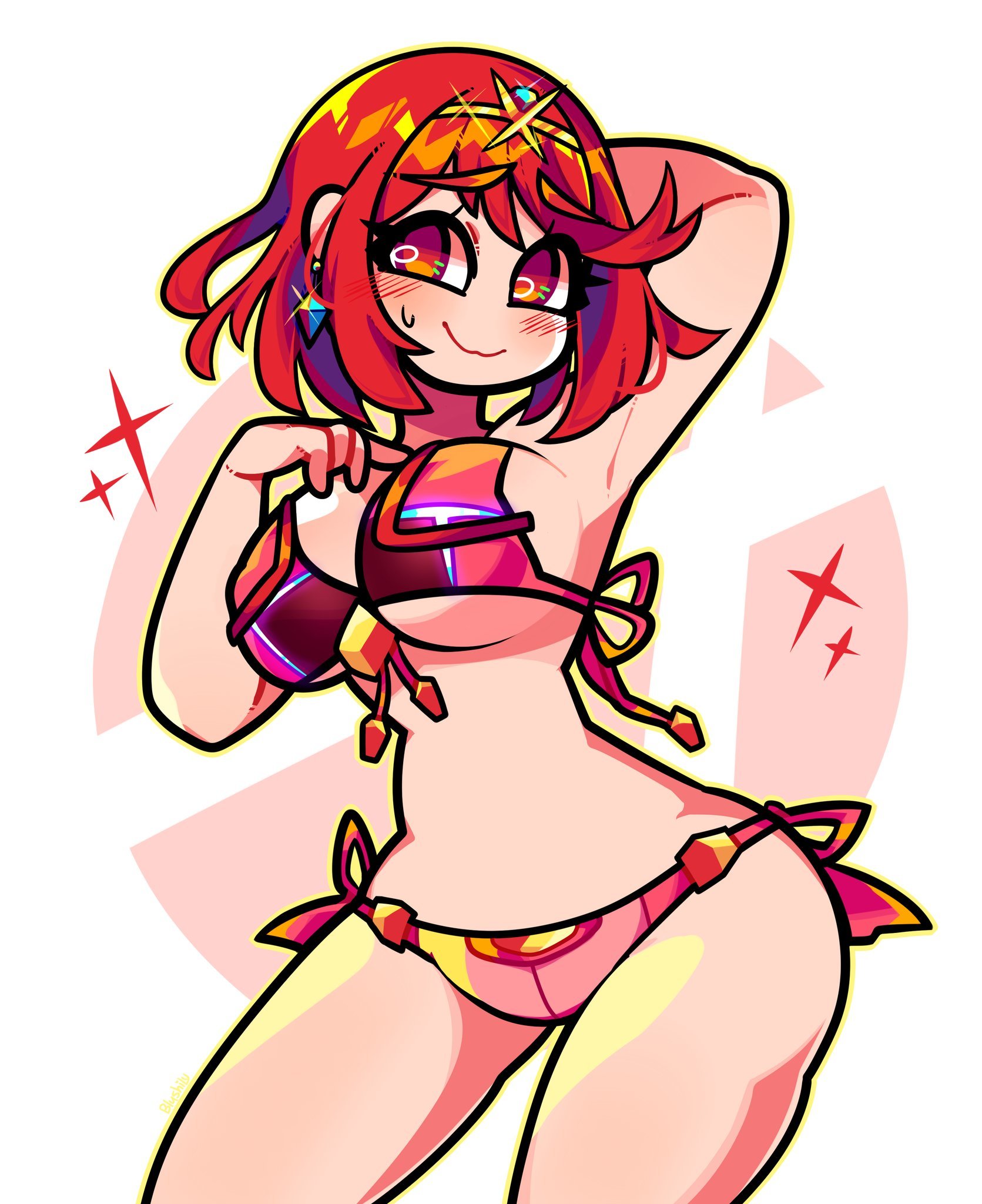 1girls, absurd res, absurdres, armpits, arms, artist name, ass, bare arms, bare legs, bare midriff, big ass, big breasts, bikini, bikini bottom, bikini top, blush, blushily, breasts, cute, female, female only, hand behind head, hand on breast, highres, hips, human, large breasts, legs, looking at viewer, midriff, nervous, nervous smile, pose, posing, pyra, red bikini, red eyes, red hair, short hair, smile, solo, sweatdrop, thick thighs, thighs, white background, wide hips, xenoblade (series), xenoblade chronicles 2