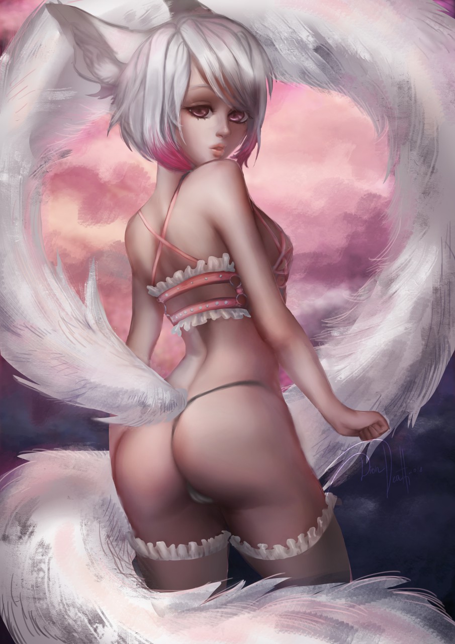 10s 2018 animal_ears bra cameltoe cat_ears cloud diondeath female fluffy frilly fur highres humanoid long_tail mammal multicolored_hair panties pink_eyes pink_hair pink_theme silver_soul silver_soul:_default_form solo thighhighs two_tone_hair underwear white_fur white_hair