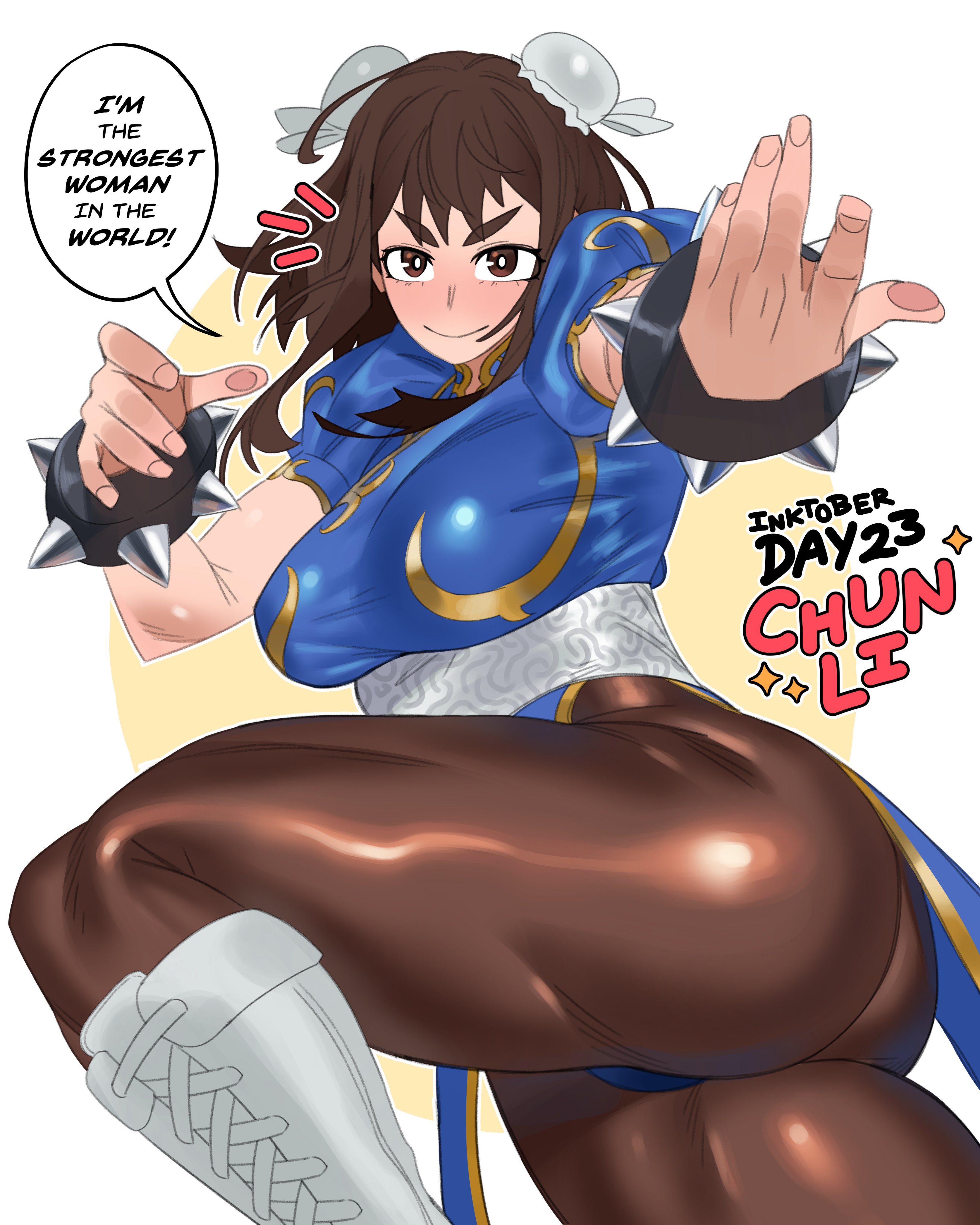 1girls, absurdres, ass, blue dress, boku no hero academia, boots, bracelet, breasts, brown eyes, brown hair, brown pantyhose, bun cover, capcom, china dress, chinese clothes, chun-li, chun-li (cosplay), cosplay, double bun, dress, english text, female, female focus, female only, fighting stance, gold trim, hair bun, highres, huge ass, jewelry, large breasts, looking at viewer, loopvoid, matching hair/eyes, my hero academia, ochako uraraka, pantyhose, puffy short sleeves, puffy sleeves, short hair, short sleeves, smile, solo, speech bubble, spiked bracelet, spikes, street fighter, thick thighs, thighs, uraraka ochako, voidloop, white boots