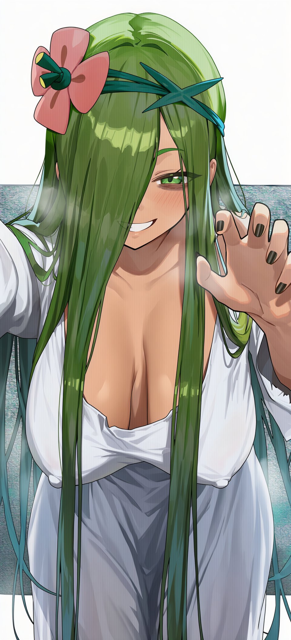 ai generated, big breasts, circle ueponzu, female, female only, flower in hair, green eyes, green hair, long hair, mallow (pokemon), nipples visible through clothing, pokemon, pokemon sm