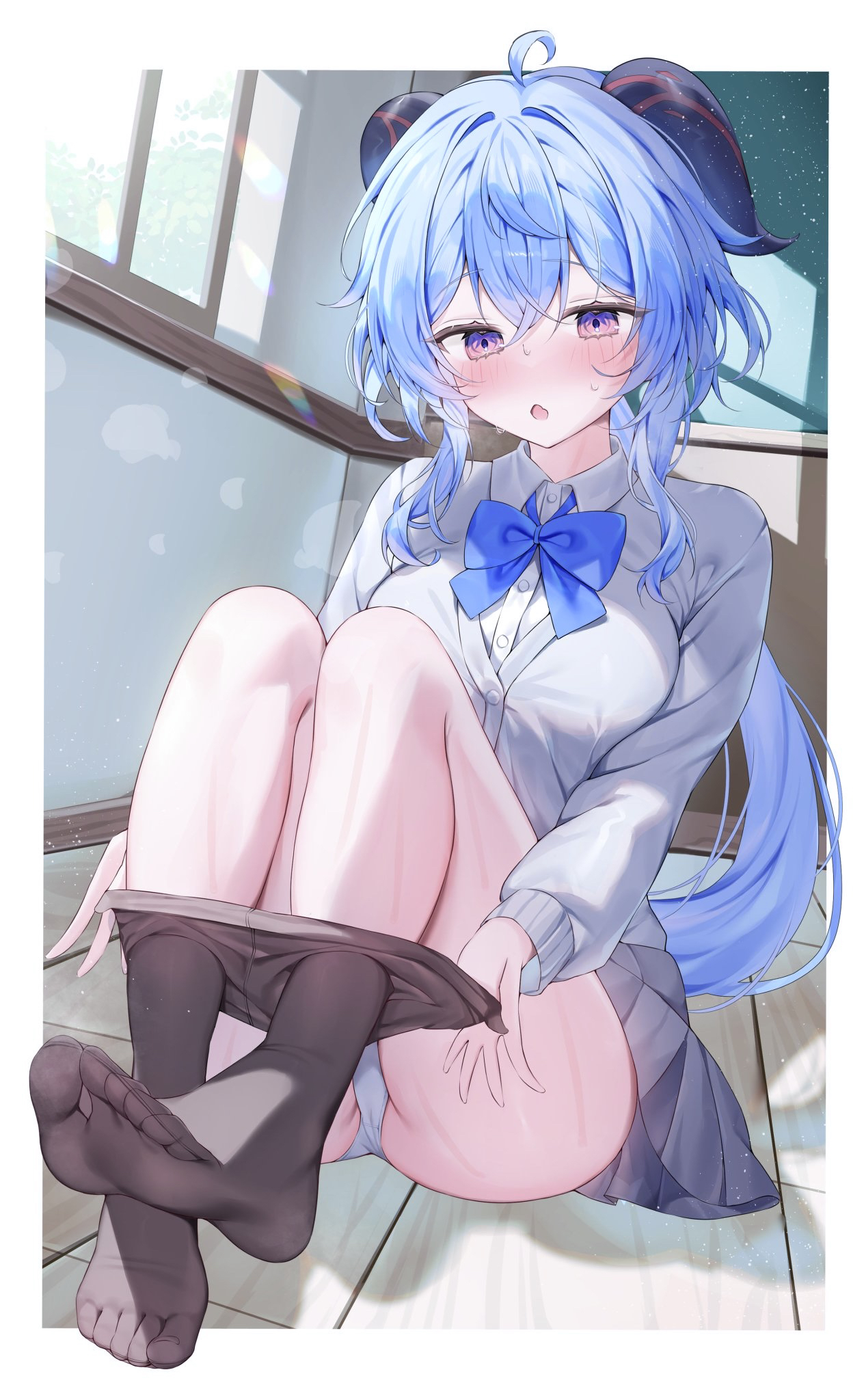 :o, 1girls, ass, blue hair, blush, clothed, embarrassed, female, female focus, female only, fully clothed, ganyu (genshin impact), genshin impact, panties, pekokota, shirt, short hair, sitting, skirt, sweat, taking clothes off, tights, uniform