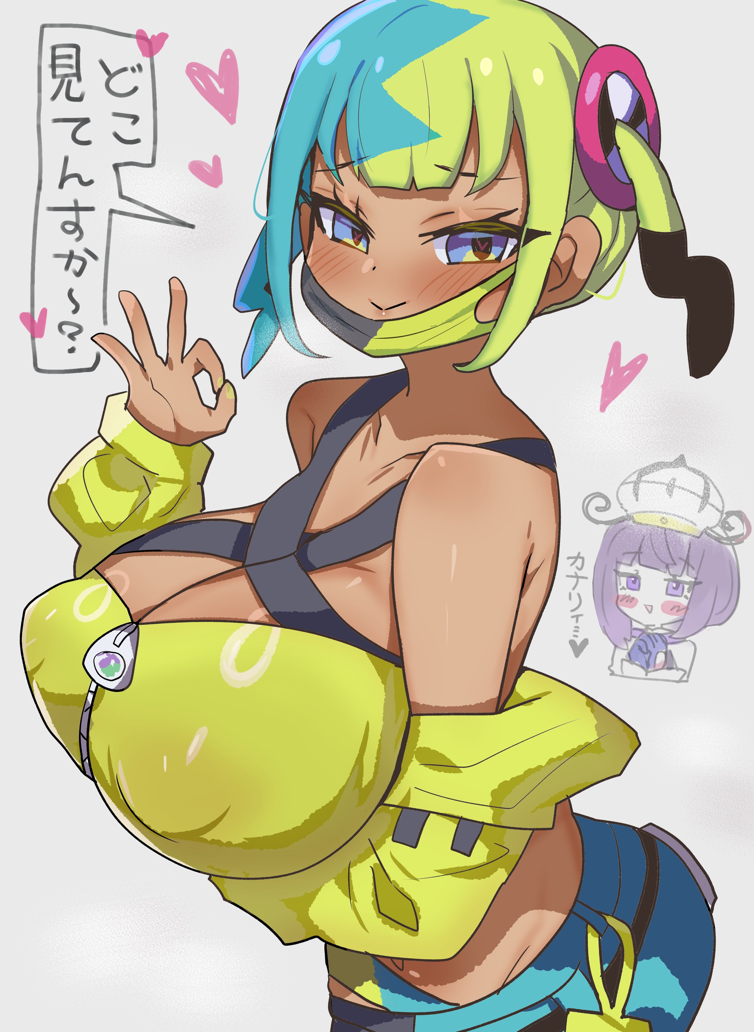 2girls, alternate breast size, bandeau, bratty, breasts, canari (pokemon), canary (pokemon), cleavage, fellatio gesture, female, female only, game freak, gwynn (pokemon), large breasts, looking at viewer, mask, mask pull, mouth mask, muku (pokemon), multicolored hair, multicolored mask, multicolored pants, nail polish, nintendo, pants, pokemon, pokemon legends: z-a, renoa yu, translation request, two-tone hair, two-tone mask, two-tone pants, yellow bandeau, yellow nails