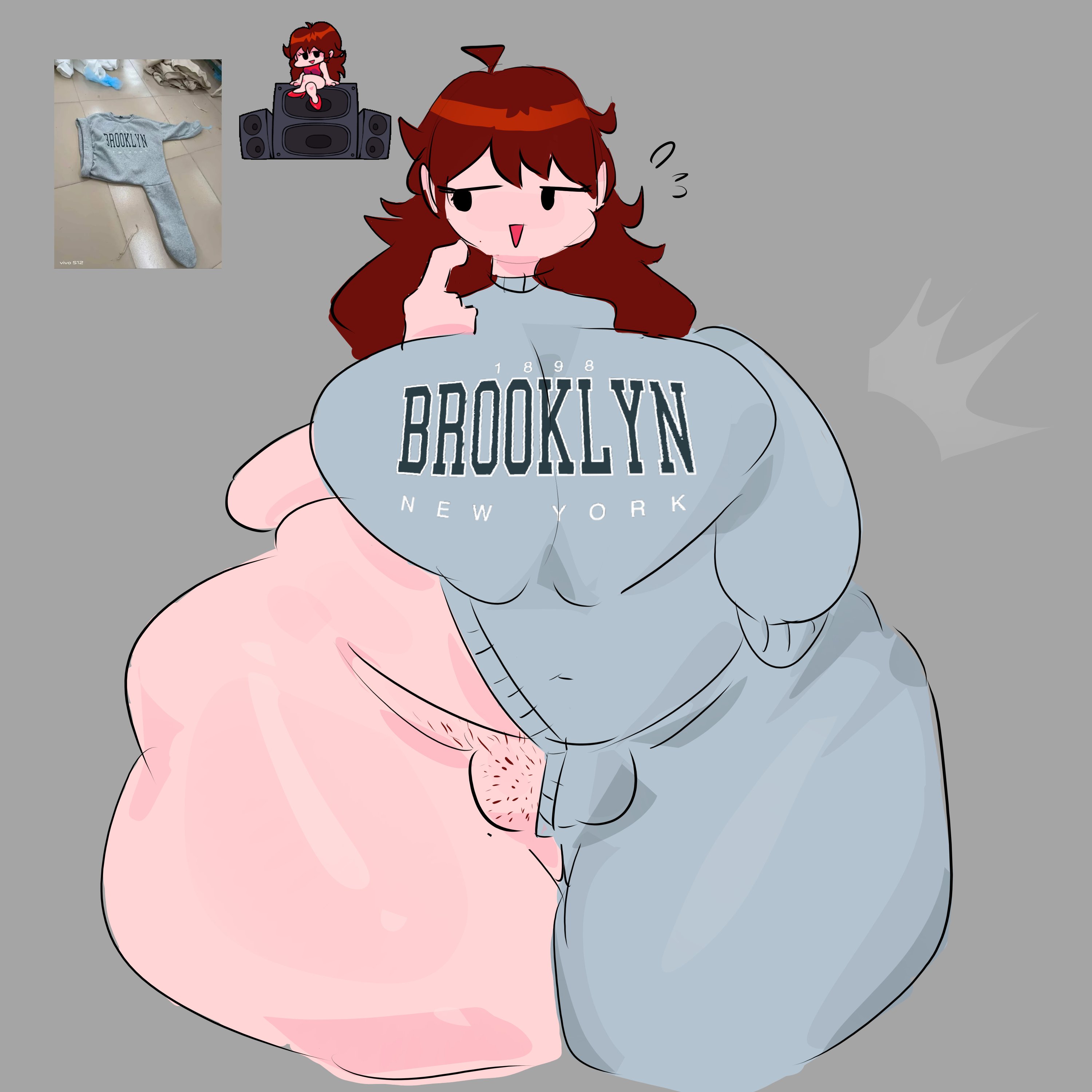 ass bigger than head, auburn hair, big ass, big breasts, breasts bigger than head, brooklyn sweater, clothed female, clothes lift, dumb face, dumb girl, fat, fat ass, friday night funkin, girlfriend (friday night funkin), greaseyhair, hairy pussy, hourglass figure, huge ass, huge breasts, long hair, pussy peek, shaved pussy, thick thighs, thighhighs, thighs, thinking