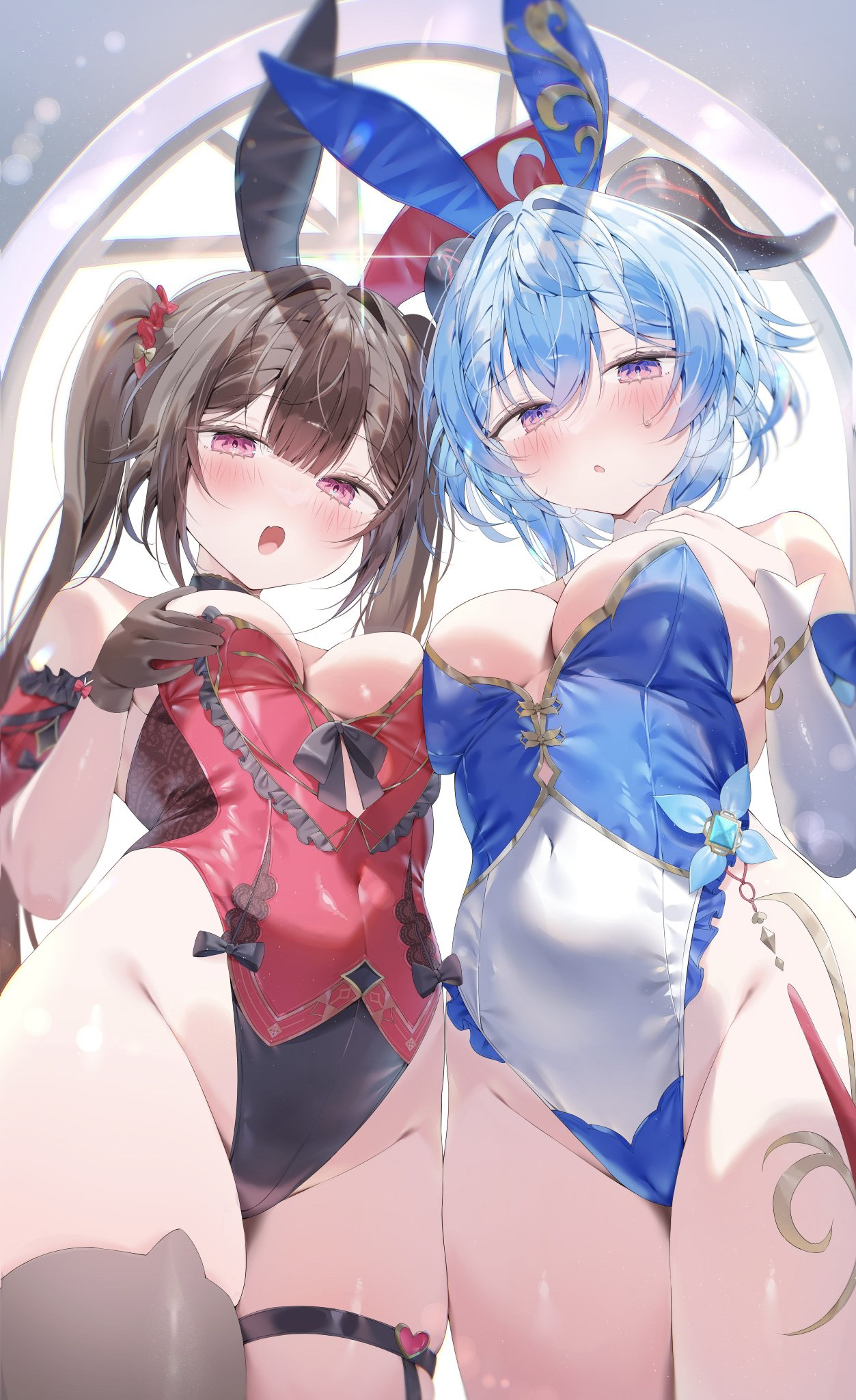 :o, 2girls, blush, breasts, bunny ears, bunnysuit, crossover, female, female focus, female only, fully clothed, ganyu (genshin impact), genshin impact, hands on breasts, honkai: star rail, large breasts, long hair, looking at viewer, multiple girls, pekokota, short hair, sparkle (honkai: star rail), standing, thighs