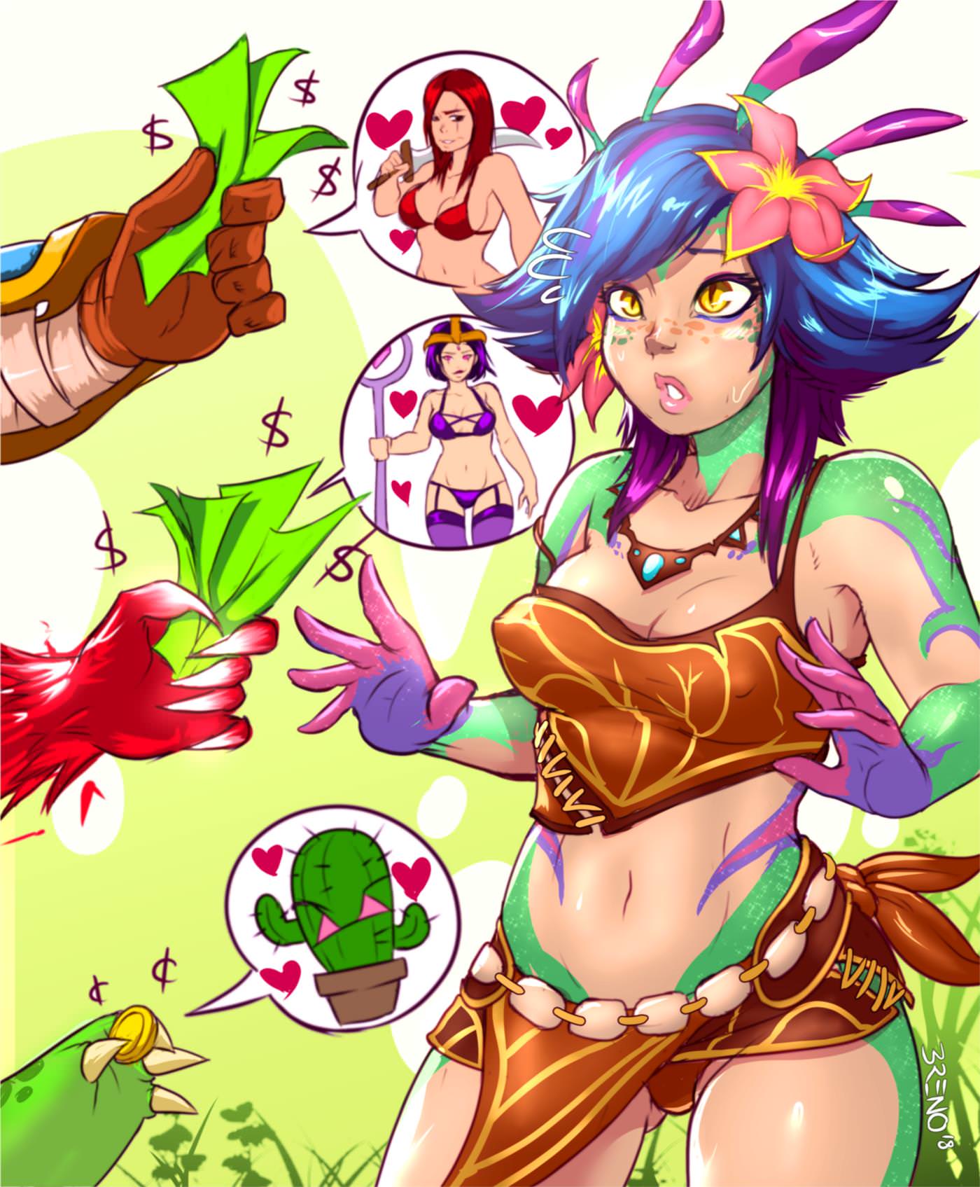 breasts cactus cleavage garen_crownguard humor jericho_swain katarina_du_couteau league_of_legends leblanc midriff money neeko rammus raum riot_games shapeshifter thought_bubble