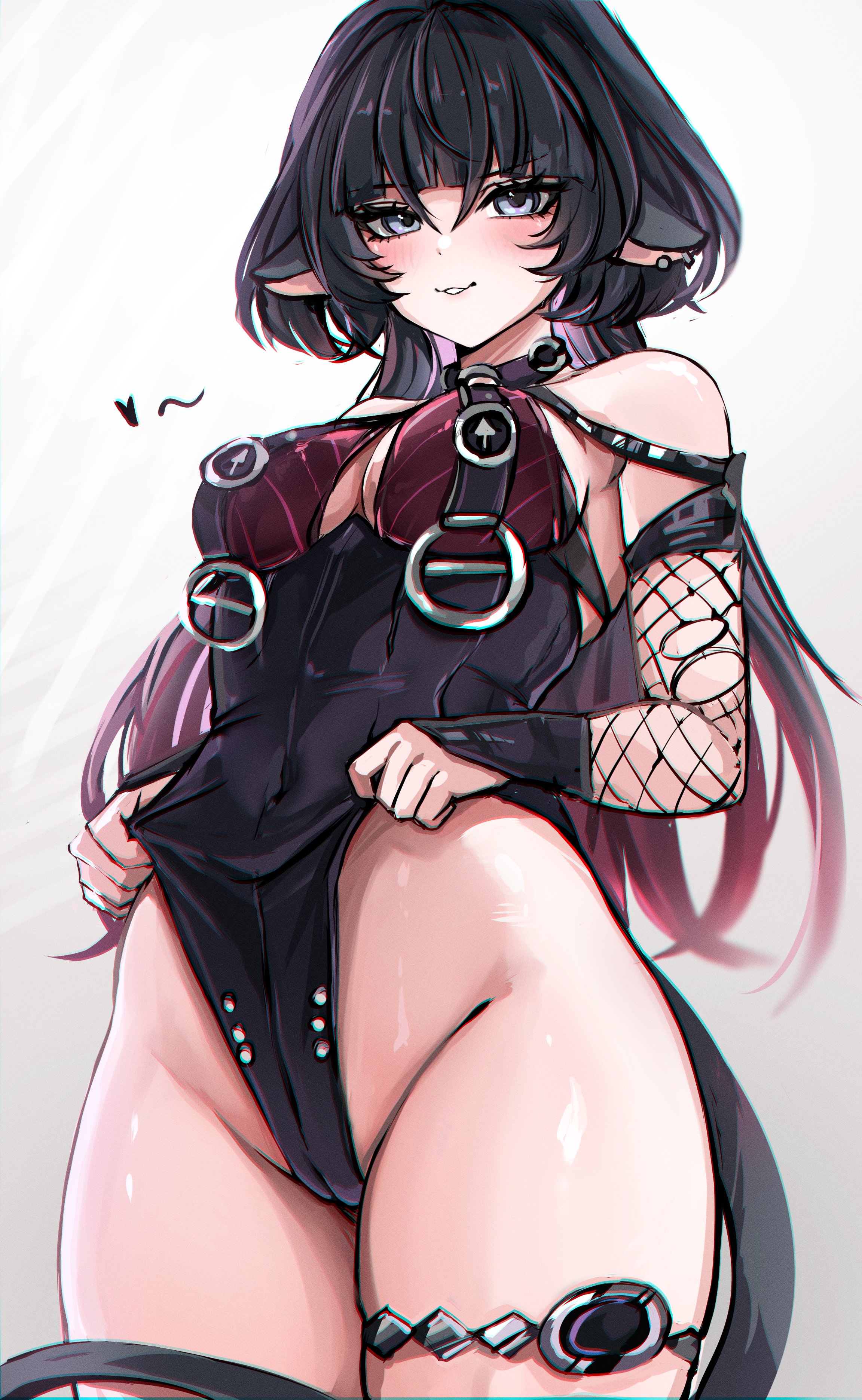 1girls, alternate costume, artist request, big breasts, black hair, black hair female, black-haired female, blue eyes, blue eyes female, blue-eyed female, blush, breasts, cameltoe, female, female focus, female only, jane doe (nocturne of light) (zenless zone zero), jane doe (zenless zone zero), kemonomimi, large breasts, light skin, light-skinned female, looking at viewer, mokiemokki, mouse ears, mouse girl, mouse tail, official alternate costume, one-piece swimsuit, rat ears, rat girl, rat tail, sole female, solo, swimsuit, thick thighs, thighs, white background, wide hips, zenless zone zero