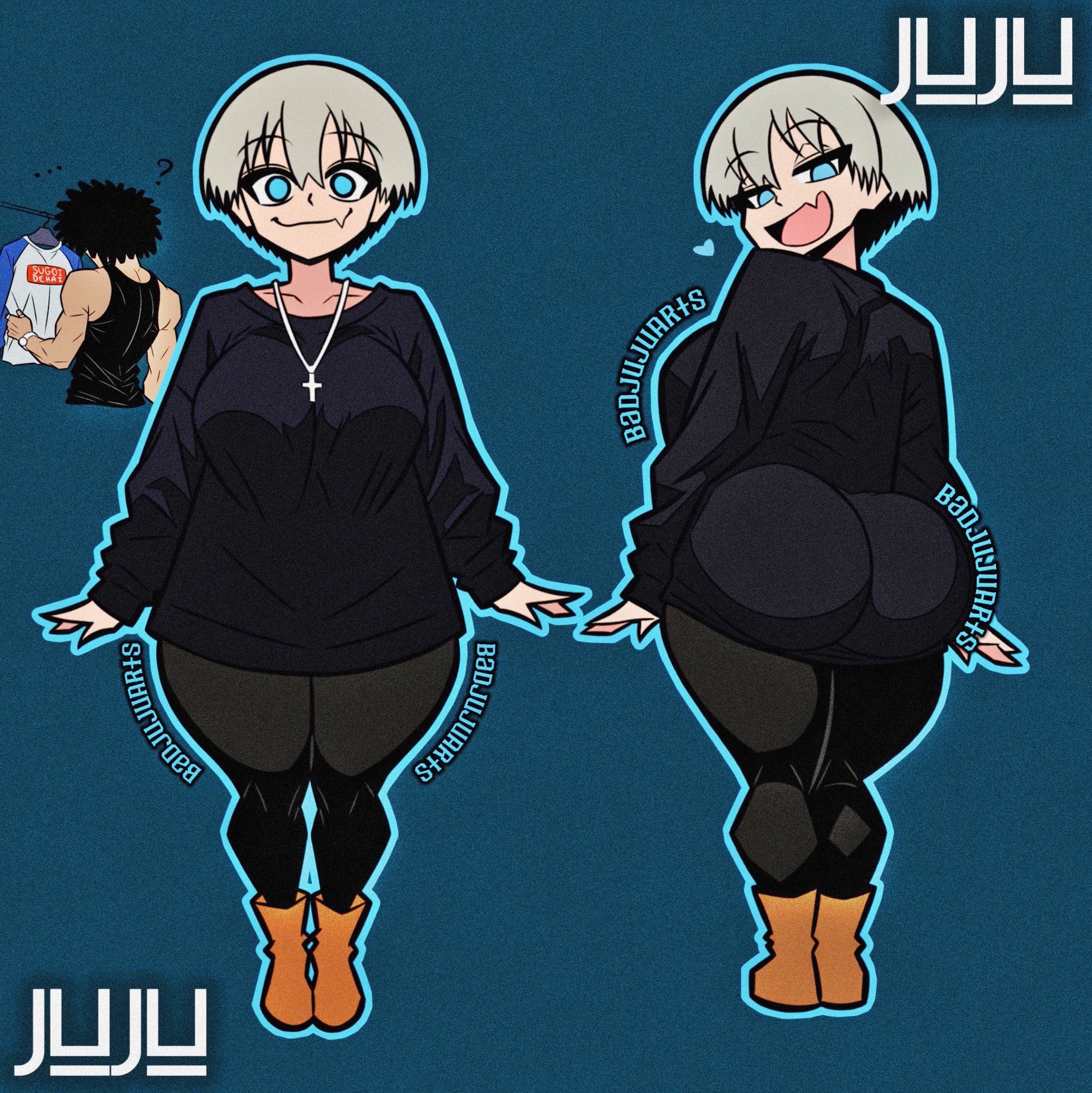 1boy, 1girls, 2d, 2d (artwork), ass, background character, badjujuarts, big ass, big breasts, boyfriends shirt, breasts, bubble ass, bubble butt, clothed, clothed female, clothing, color, colored, cross necklace, fang, fat ass, female, female focus, huge ass, large ass, male, necklace, oerba yun fang, open mouth, open smile, pantyhose, shortstack, skin fang, smug, smug face, standing, thick thighs, thighs, uzaki hana, uzaki-chan wa asobitai!, voluptuous, voluptuous female, watermark, wearing others clothes, wide hips, wide thighs