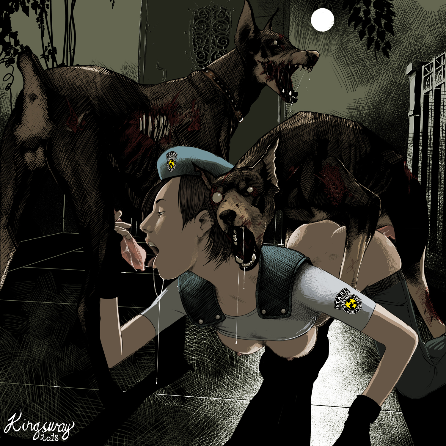2018, 2monsters, ambiguous penetration, anal penetration, anal sex, ass, bestiality, biohazard, blowjob, breasts, brown hair, canine, capcom, cerberus (resident evil), clothed sex, clothing, cum, cum in mouth, doggy style, female, female on feral, feral, feral penetrating human, from behind, human, human on feral, interspecies, jeans, jill valentine, jill valentine (julia voth), kingsway, male, monster, monster on female, open mouth, pants down, penetration, penile penetration, penis, quadruped, resident evil, resident evil remake, sex, shirt, shirt lift, short hair, spread legs, straight, zombie, zombie dog, zoophilia