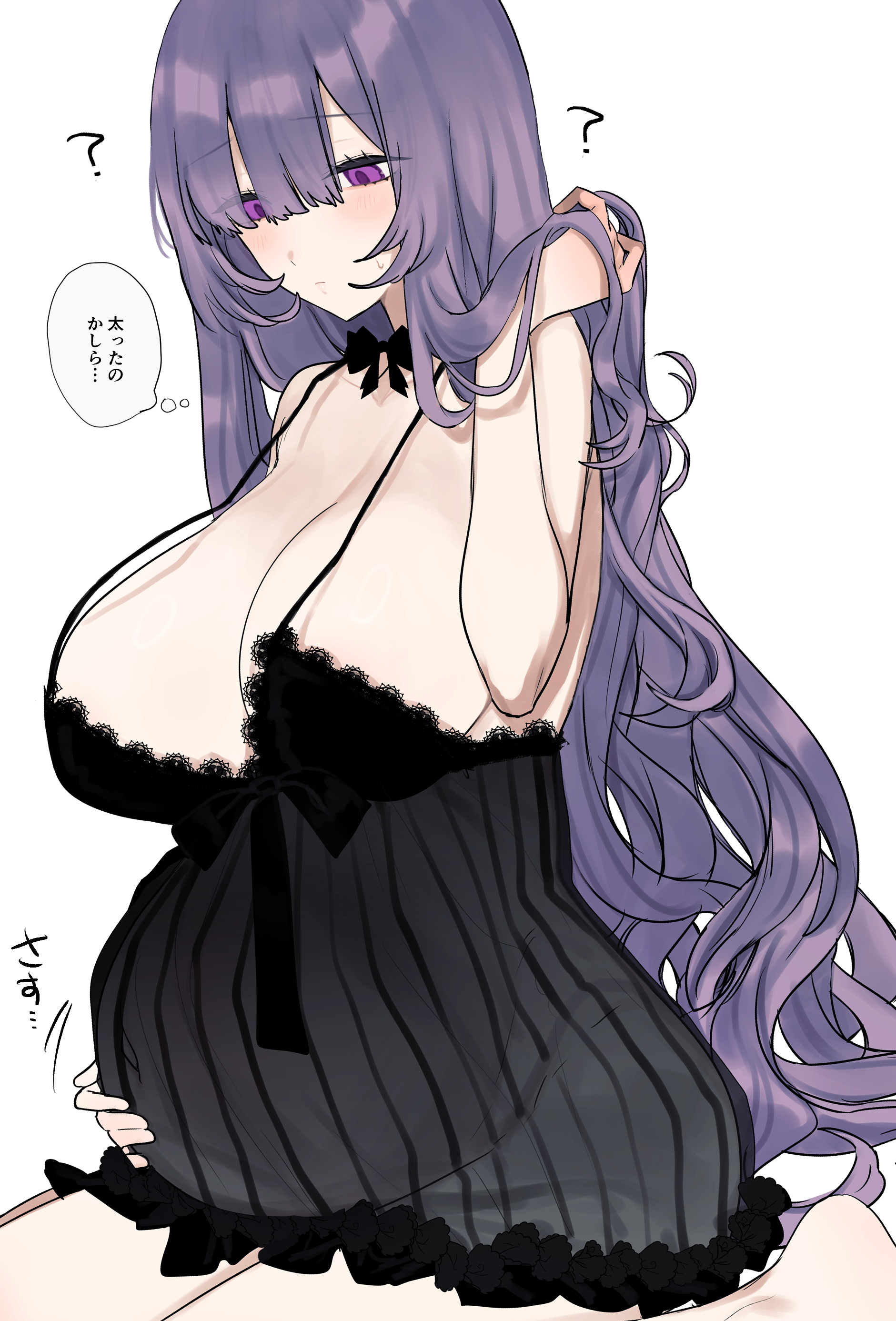 ?, babydoll, big breasts, blunt bangs, blush, cleavage, eurasia (wtp09ptw14), female, female only, francoise (eurasia), hand on belly, huge breasts, lingerie, negligee, nightgown, original, pale skin, pale-skinned female, pregnant, purple eyes, purple hair, sitting, solo, sweat, very long hair, wariza, wavy hair