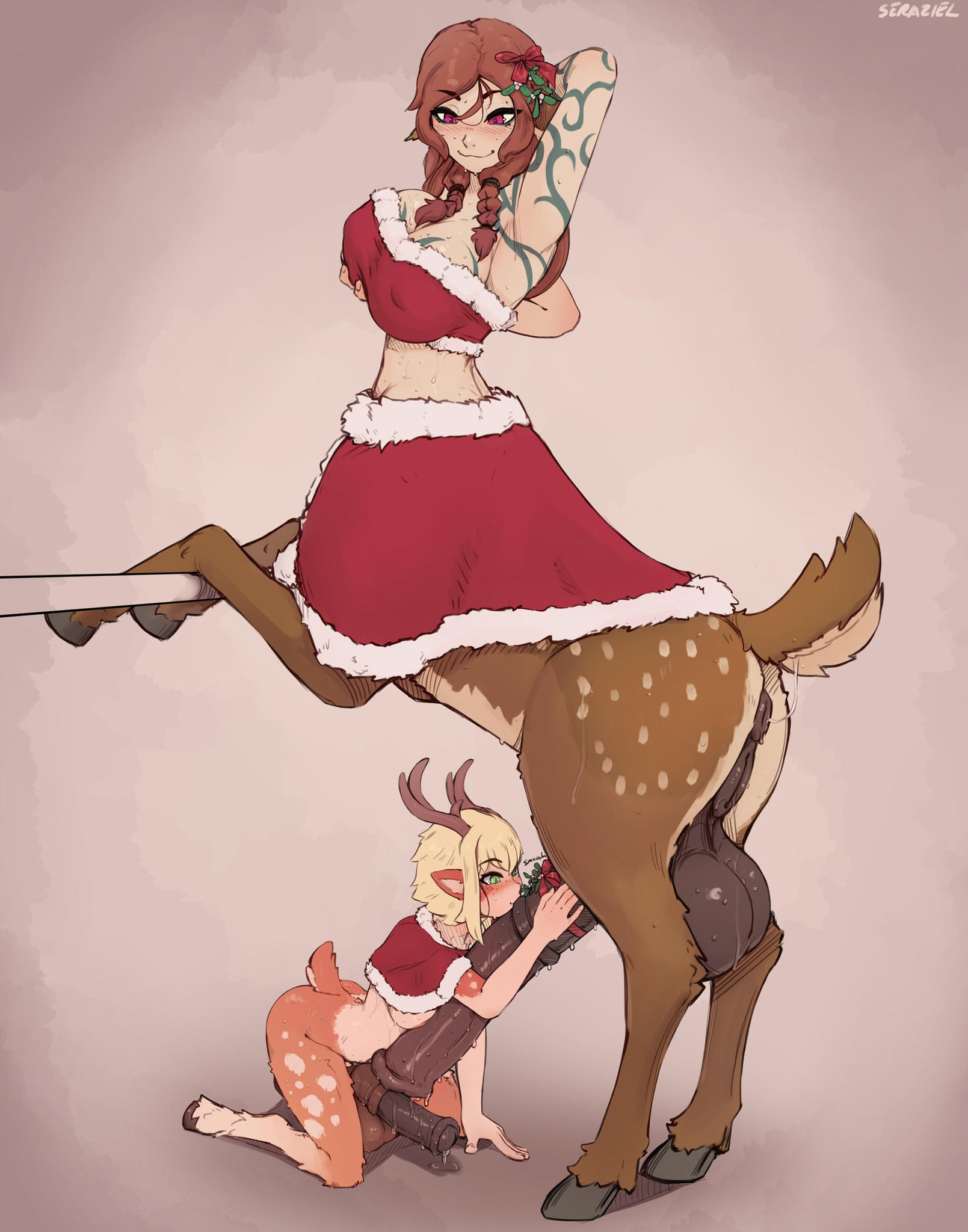 2futas, animal penis, balls, battlerite, blossom (battlerite), bottomless, breasts, centaur, centaur futa, centauress, cervitaur, clothed, clothing, cumflation, deer, deer girl, deer taur, duo, erection, full-package futa, fur, futa focus, futa on futa, futa only, futanari, futataur, horsecock, huge breasts, huge cock, humanoid, hung bottom, kneeling, light skin, light-skinned female, light-skinned futa, looking at penis, medium breasts, monster girl, mostly clothed, mostly nude, penis, penis size difference, seraziel, standing