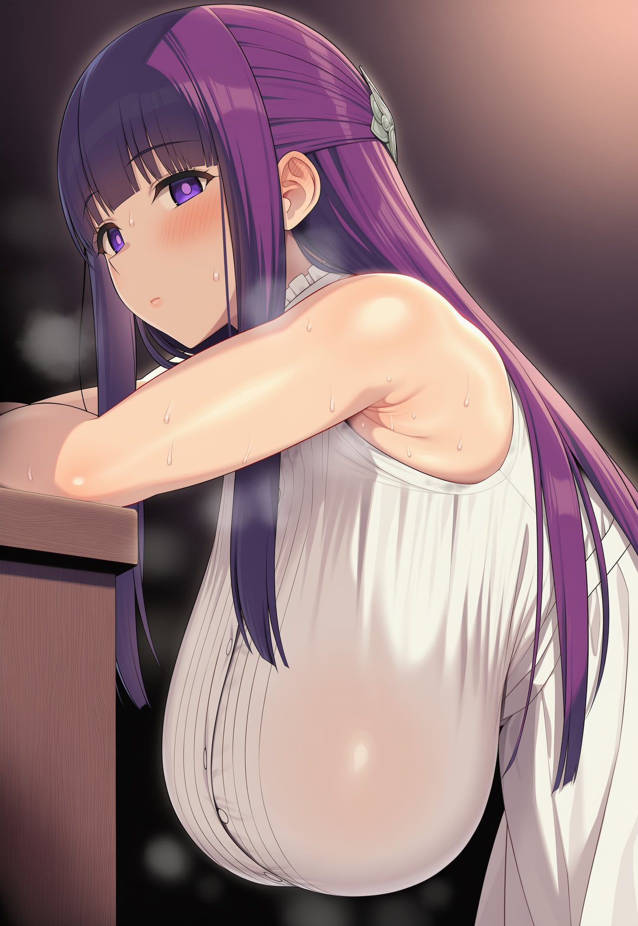 1girls, ai generated, bangs, bare shoulders, bdfuri, blush, bra, breasts, female, fern (sousou no frieren), frieren beyond journey's end, heavy breathing, large breasts, long hair, looking at viewer, purple eyes, purple hair, sleeveless, solo, sousou no frieren, sweat