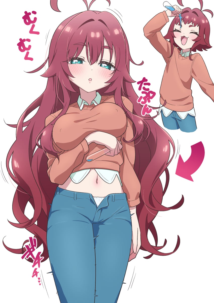100 kanojo, 1girls, age progression, aged up, ahoge, arm under breasts, artist request, belly button, big boobs, big breasts, blue pants, blush, blush lines, blushed face, blushing, blushing female, boobs, breasts, drinking, drinking potion, female, female focus, female only, hand under breasts, japanese, japanese female, japanese text, kimi no koto ga dai dai dai dai daisuki na 100-nin no kanojo, long hair, long hair female, nipples, nipples bulge, nipples visible through clothing, no bra, no bra under clothes, open pants, red hair, red hair female, short hair, short hair female, sweater, sweater vest, tagme, unbuttoned, unbuttoned pants, white background, yakuzen kusuri