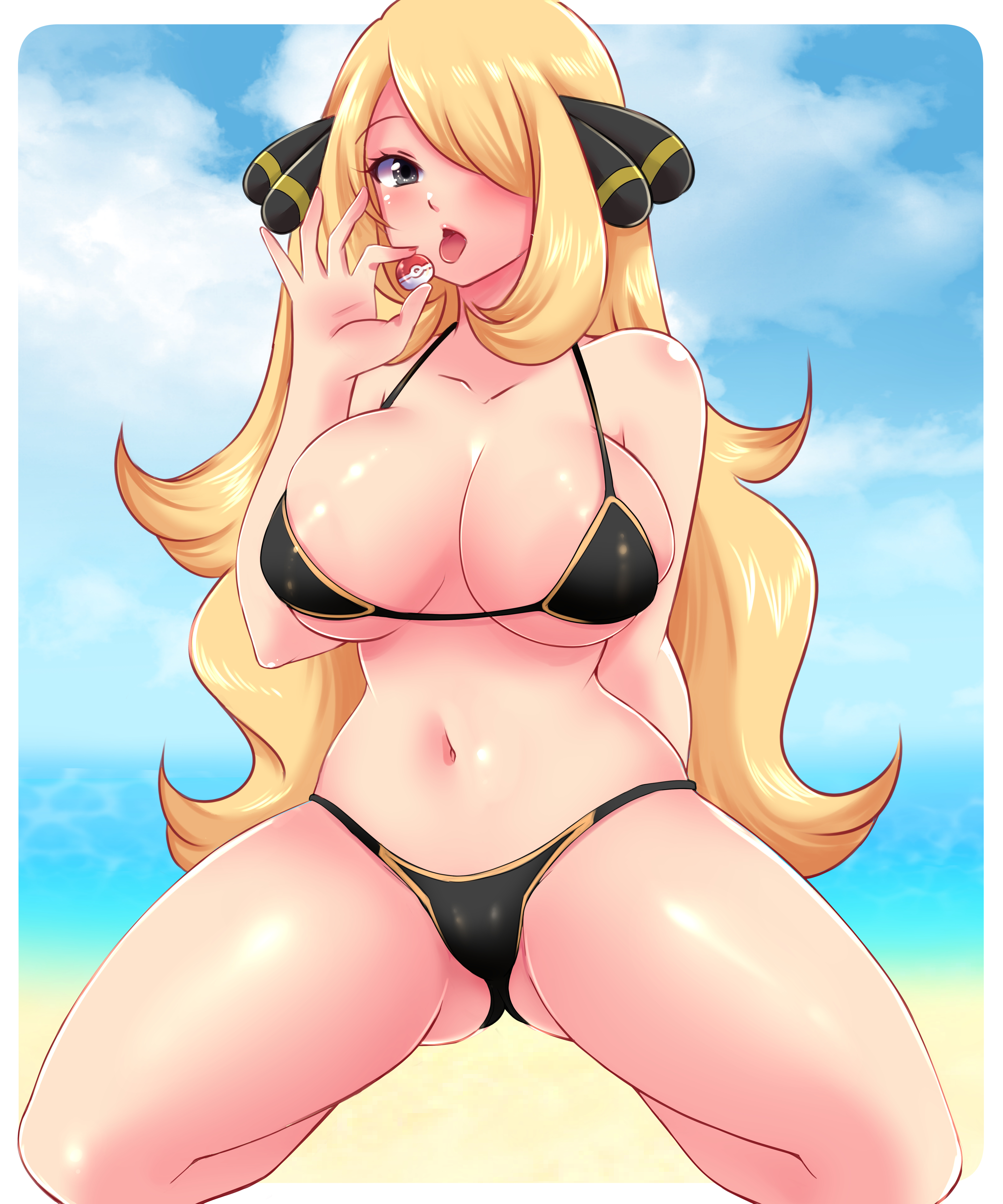 1girls, arms behind back, ass visible through thighs, big breasts, bikini, black bikini, black bra, black panties, blonde hair, breasts, cynthia (pokemon), female, female only, gamefreak, hips, legs spread, long hair, looking at viewer, nintendo, open mouth, pokemon, pokemon dppt, seductive pose, solo, solo female, sugarbell, swimsuit, thick thighs, thighs, wide hips