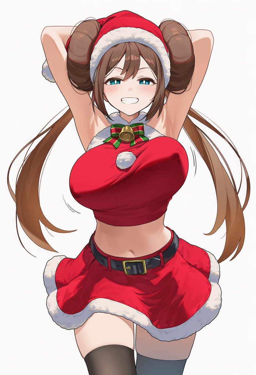 ai generated, belly button, big breasts, black thighhighs, bouncing ass, christmas, christmas clothing, christmas headwear, christmas outfit, christmas topwear, circle ueponzu, curvaceous, curvy female, curvy figure, female, female only, high heels, hips, pokemon, pokemon bw2, red topwear, rosa (pokemon), simple background, skirt, smile, smiling, thick thighs, topwear