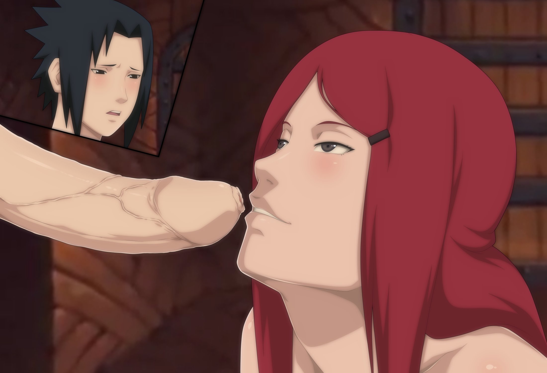 1boy, 2d, 2d (artwork), big penis, cheating wife, dim lighting, erect penis, erection, eroticgeek2, female, foreskin, kushina uzumaki, moaning in pleasure, naruto, naruto (series), naruto shippuden, older female, penis close to face, red hair, sasuke uchiha, seductive look, seductive smile, uchiha sasuke, uncircumcised, uncut, unretracted foreskin, uzumaki kushina, veins, veiny penis, younger male