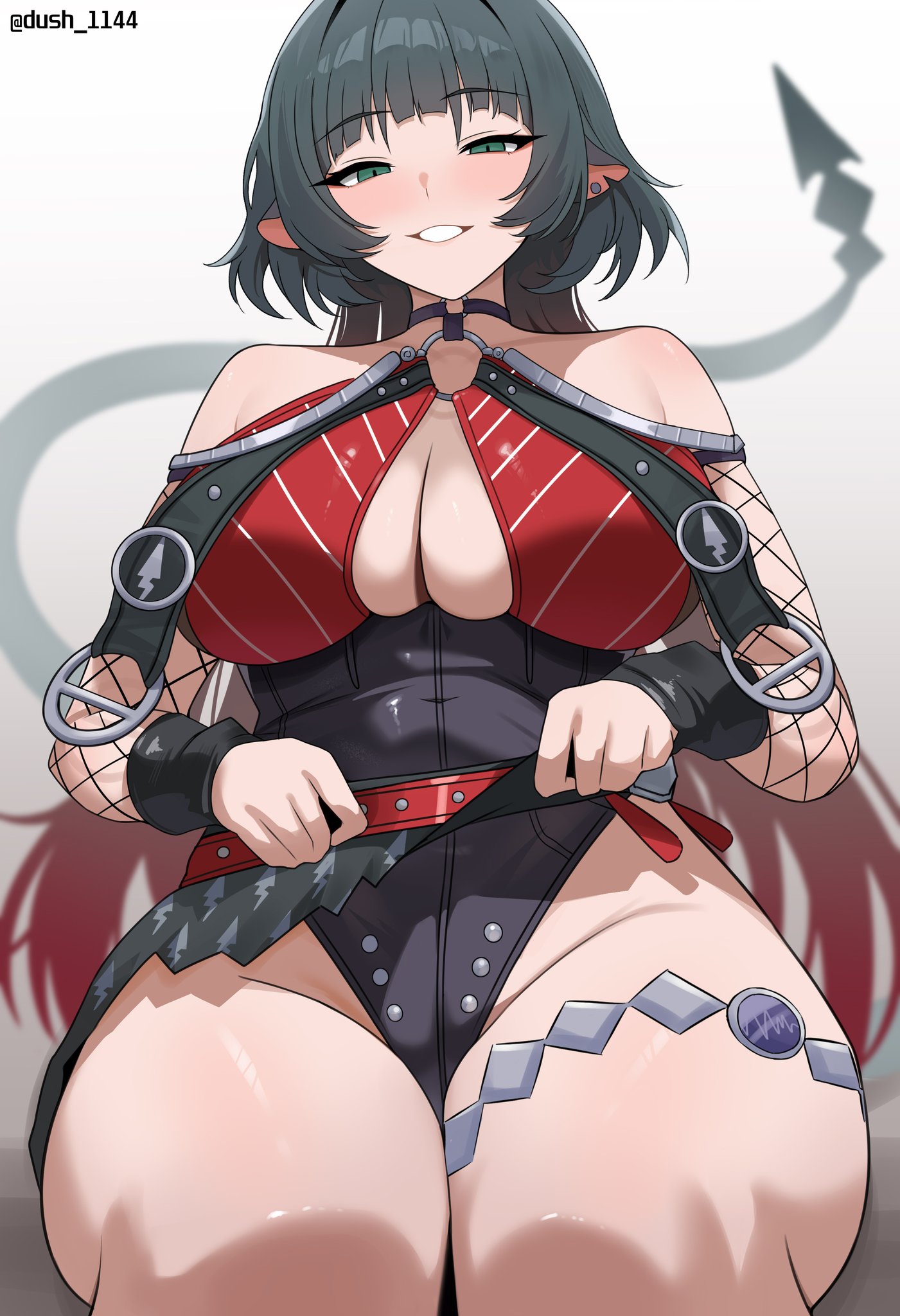 1girls, 2025, 2d, 2d (artwork), big breasts, blush, breasts, cleavage, color, colored, dush 1154, female, female focus, female only, fishnet gloves, fishnets, green eyes, jane doe (nocturne of light) (zenless zone zero), jane doe (zenless zone zero), jellyfish cut, leotard, lifting, lifting skirt, light skin, light-skinned female, miniskirt, official alternate costume, rat ears, rat tail, skirt, skirt lift, steam, steaming body, sweatdrop, tail, thick thighs, thighs, zenless zone zero