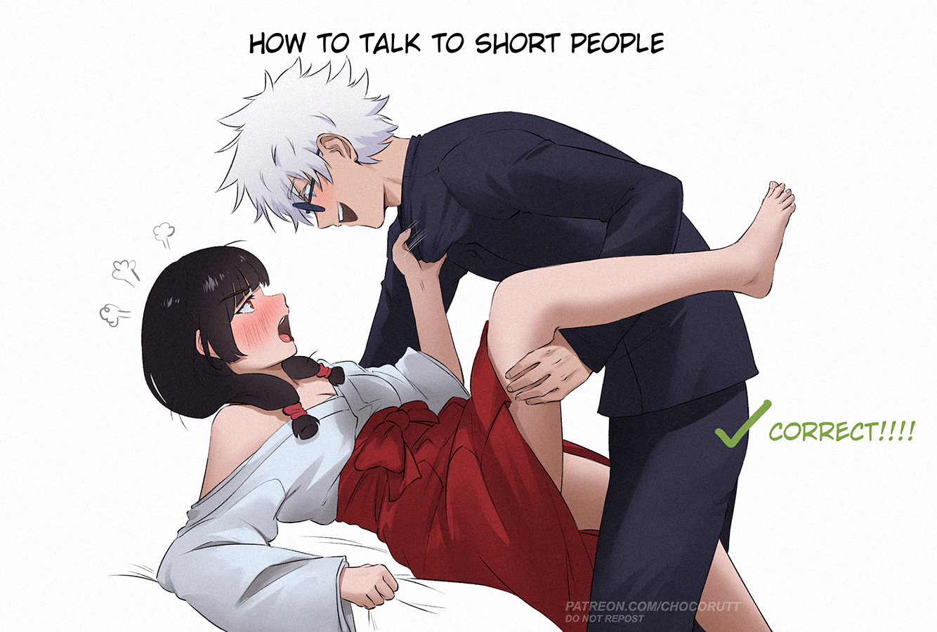 1boy, 1girl, blush, blush lines, chocorutt, english text, female, fuming, gojou satoru, how to talk to short people, imminent sex, jujutsu kaisen, leg lift, male, male/female, meme, satoru gojo, sheet grab, shirt grab, straight, suggestive, suggestive pose, utahime iori, white hair