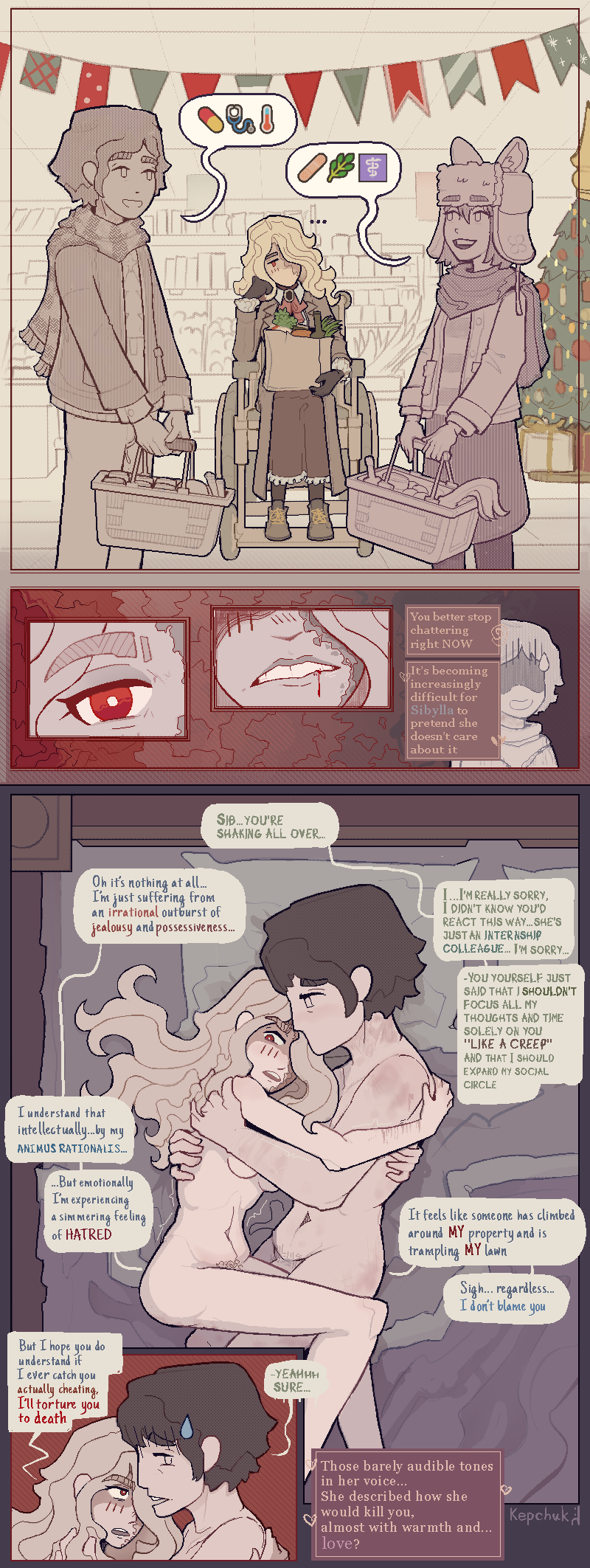 1boy, 2girls, after sex, aristocrat, beaten, bed, black eyes, black hair, blonde hair, burn scar, caretaker, caretaker (kepchuk), christmas, comic, disability, disabled, dominant, dominant female, domination, eyeless, female, female yandere, grabbing, hug, jealous, kepchuk, laying down, laying on bed, light skin, light-skinned female, male, paralyzed, pixel art, pubic hair, red eyes, romantic, romantic couple, scar, shaded face, sibylla (kepchuk), sitting, smiling, submissive, submissive male, supermarket, talking, wheelchair, yandere