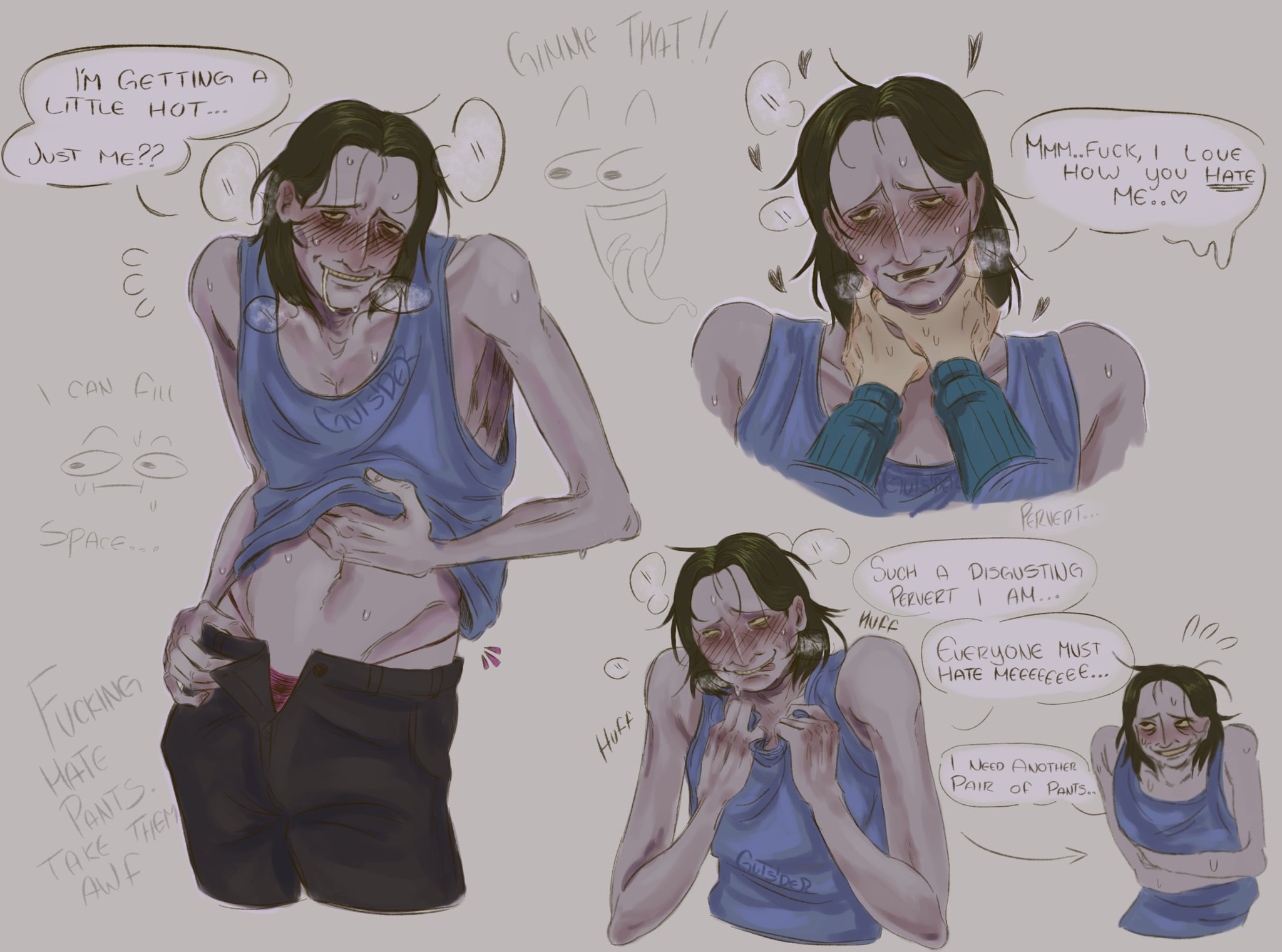 blush, choking, creepy guy (no, i'm not a human), english text, gutsidewho, incel, lifting shirt, male, male only, masochism, masochist, no, i'm not a human, solo male, sweating, text, text bubble, unbuttoned pants