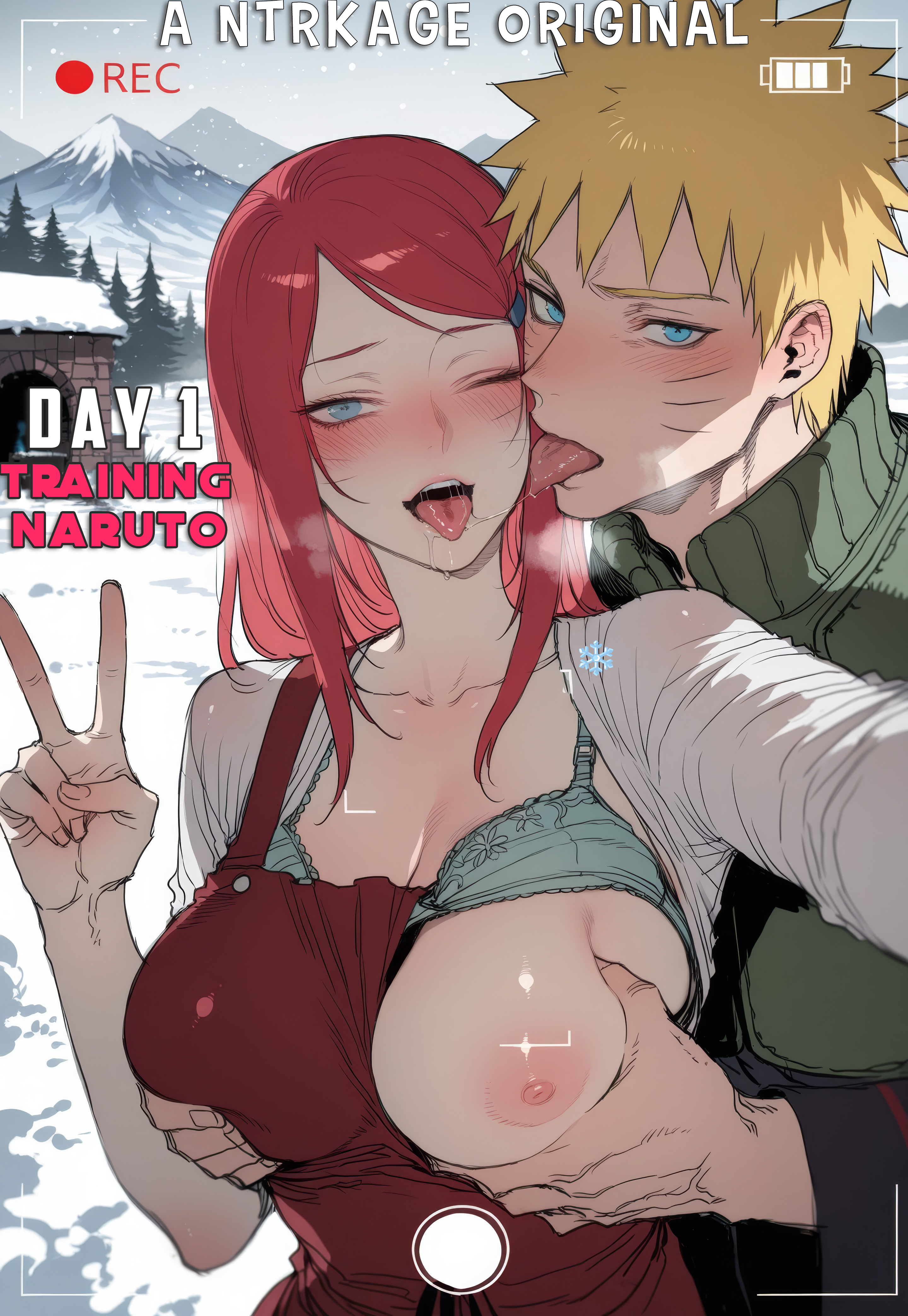 1boy, 1girls, after kiss, ai generated, big breasts, bra, breast grab, breasts, breasts out, cheating, cheating (relationship), cheating mother, cheating wife, cheating with son, cucked by own son, english text, hi res, highres, incest, milf, mother, mother and son, naruto, naruto (series), ntrkage, older female, older male and younger female, one breast out, phone screen, recording, saliva, saliva string, saliva trail, selfie, selfie pose, slim waist, tongue, tongue out, uzumaki kushina, uzumaki naruto, v sign