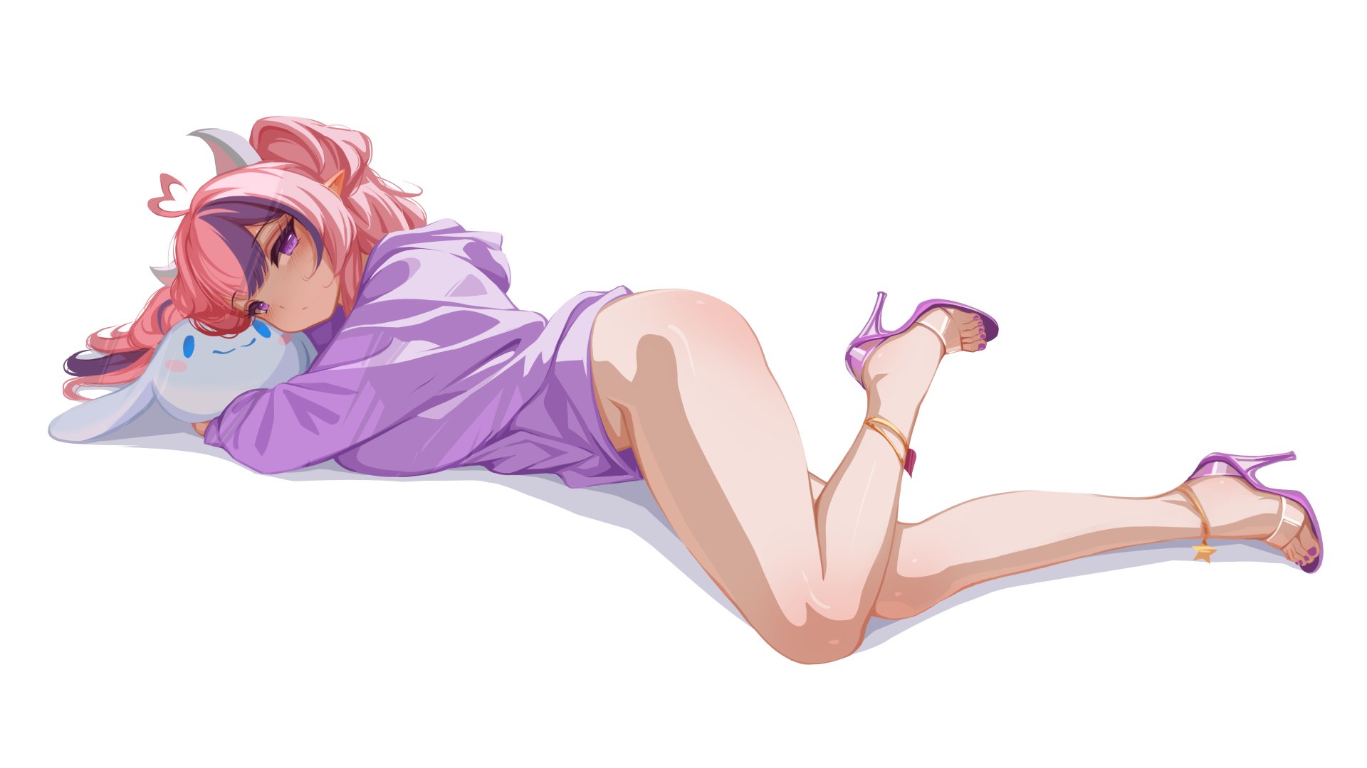ahoge, ass, bottomless, butt, cinnamoroll, clothed, commentary, cute, demon girl, demon horns, english commentary, feet, female, full body, fuwa fuwa cinnamoroll, half clothed, heart, heart ahoge, high heel sandals, high heels, highres, horns, indie virtual youtuber, ironmouse, latina, laying, legs, long sleeves, looking at viewer, lying, medium hair, multicolored hair, no underwear, on side, oversized clothes, pink hair, purple eyes, purple hair, sandal heels, sandals, sanrio, sansha art, simple background, solo, strappy heels, streaked hair, stuffed toy, toenails, toes, virtual youtuber, white background