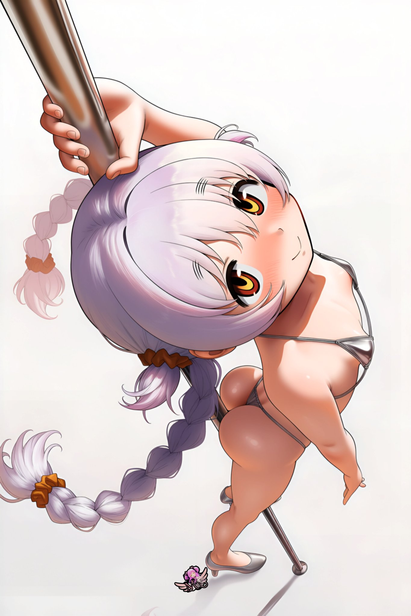 ai generated, artist logo, bubble ass, bubble butt, from above, hi res, high heels, long hair, madoka worship, magical girl, mahou shoujo madoka magica, micro bikini, momoe nagisa, perfect ass, petite, petite body, petite female, pole, pole dancing, puella magi madoka magica, round ass, round butt, seductive, silver bikini, simple background, small breasts, stripper, stripper pole, thong, twin braids, white background, white hair
