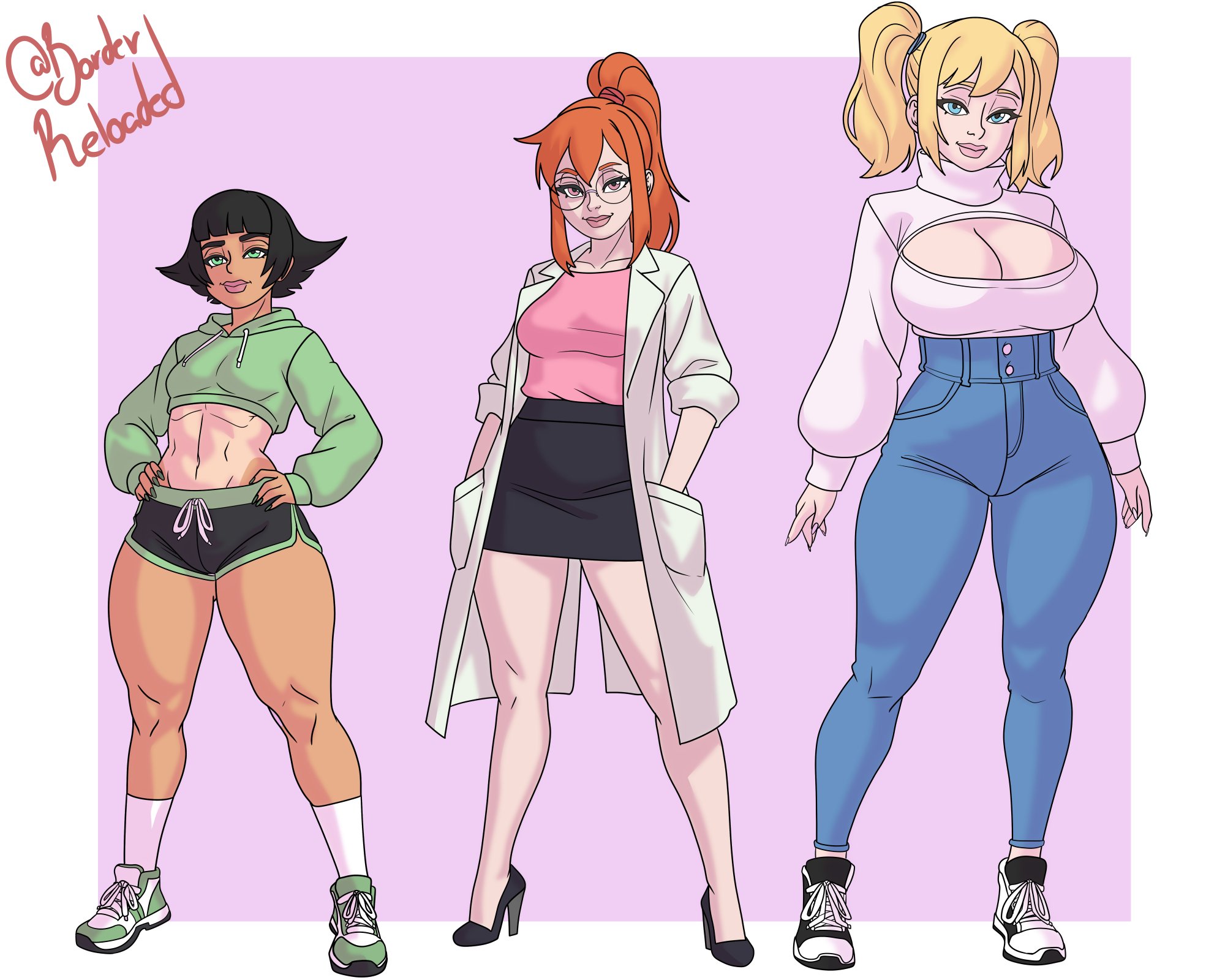 2d, 3girls, 5:4, abs, aged up, ass, athletic, athletic female, big breasts, black hair, blonde hair, blossom (powerpuff girls), blue eyes, boob window, borderreloaded, breasts, bubbles (powerpuff girls), busty, buttercup (powerpuff girls), cartoon network, character profile, character sheet, cleavage, cleavage cutout, collage, curvaceous, curvy, curvy figure, english text, female, female focus, female only, fit, fit female, glasses, green eyes, green jacket, hand on hip, hanna-barbera, high heels, hourglass figure, huge breasts, jacket, labcoat, large breasts, long hair, medium breasts, orange eyes, orange hair, petite, petite body, pigtails, ponytail, powerpuff girls, shoes, short black hair, short hair, shorts, shortstack, skirt, smile, sneakers, standing, tan body, tan skin, tan-skinned female, tanned, tanned skin, text, thick thighs, thighs, tomboy, toned, toned female, twintails, wide hips