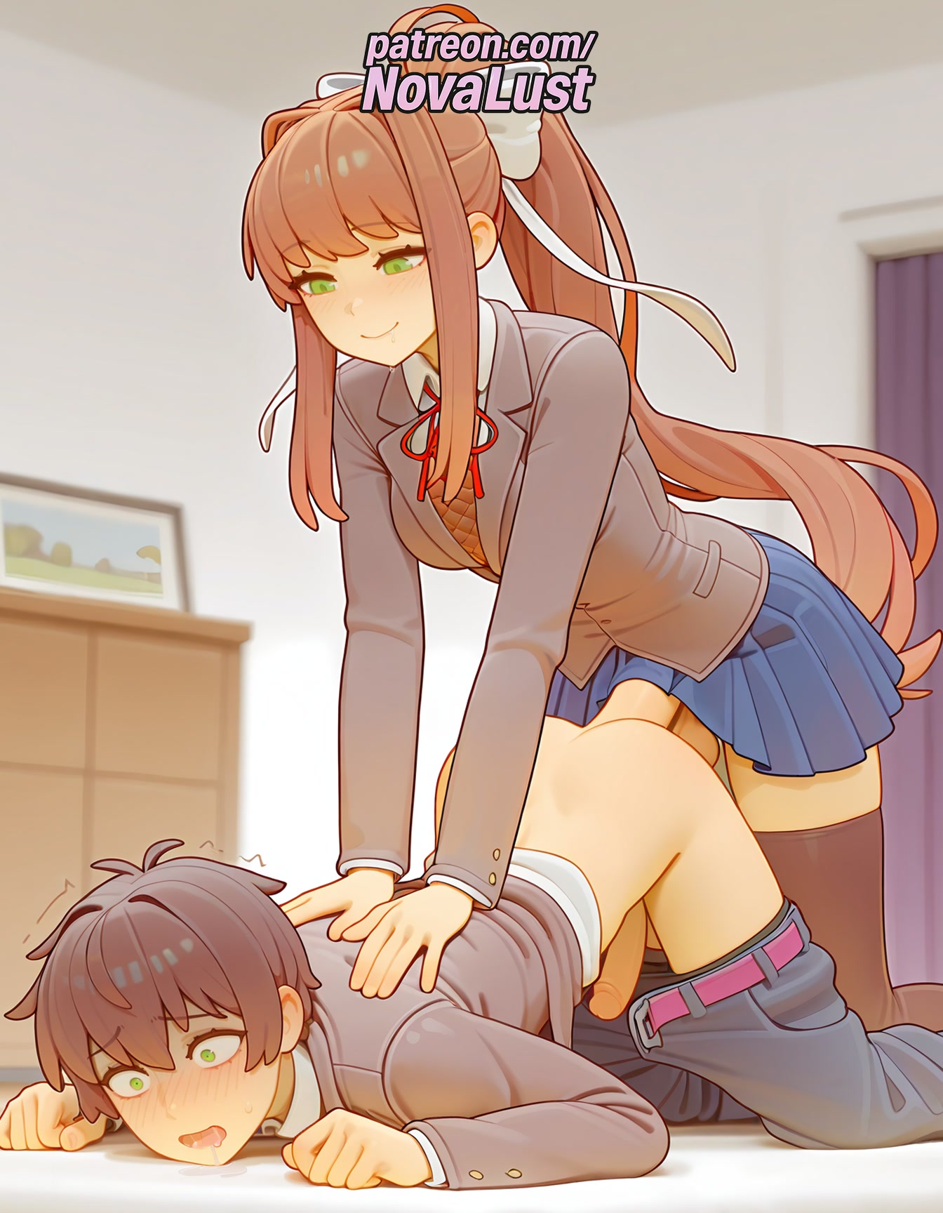 1boy, 1futa, 2025, ai generated, anal, artist name, blush, brown hair, cock, dick, doki doki literature club, eyebrows visible through hair, futa on male, futanari, green eyes, gynomorph, hi res, high quality, high resolution, highres, indoors, jacket, long hair, male penetrated, monika (doki doki literature club), novalust, otoko no ko, patreon, patreon username, penis, ponytail, ribbon, school uniform, skirt, stable diffusion, testicles, thighhighs, watermark