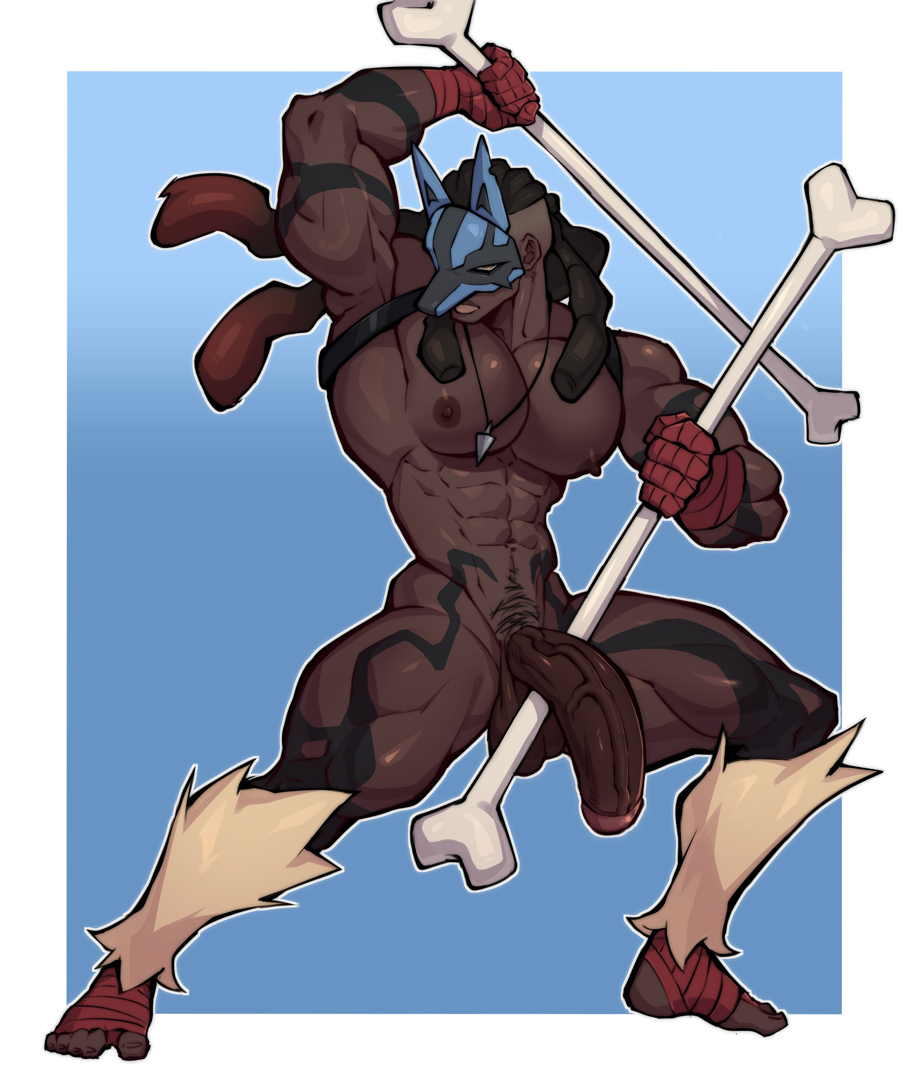 abs, balls, bara, biceps, big balls, big penis, dark skin, dark-skinned male, gay, gay male, generation 6 pokemon, gijinka, male, male nipples, male only, manly, mega evolution, mega lucario, muscular male, muto20002, nintendo, nipples, nude, pecs, penis, pokemon, pokemon (species), shiny pokemon, yaoi