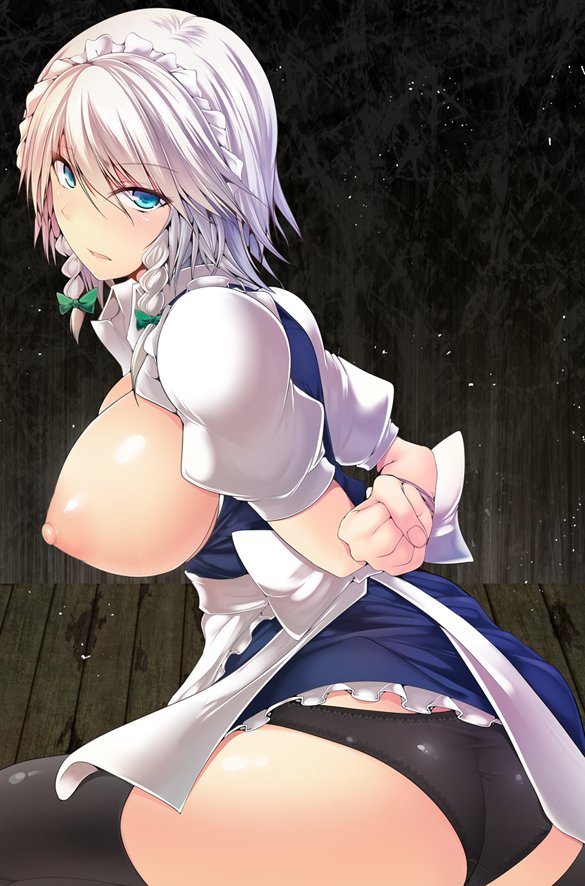 apron, arms behind back, ass, black legwear, black panties, blue eyes, blush, bondage, bound, bound arms, braid, breasts, breasts out, clenched hands, female, large breasts, looking at viewer, maid apron, maid headdress, nipples, open mouth, panties, sakuya izayoi, short hair, short sleeves, silver hair, solo, thighhighs, touhou, twin braids, underwear, wooden floor, yamaiso