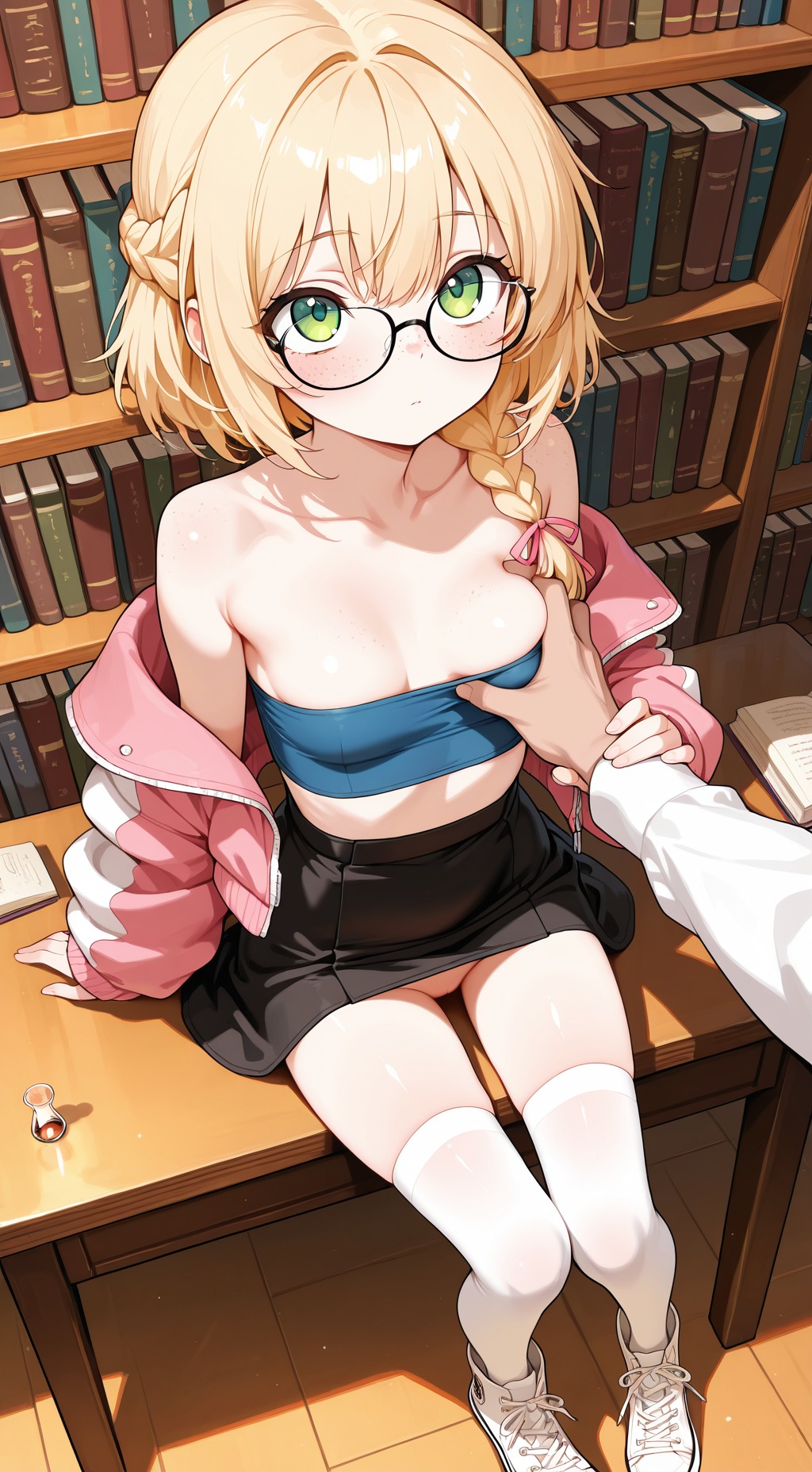 ai generated, blonde hair, breast grab, glasses, green eyes, groping, holding arm, library, public, public groping, shy female, small breasts, smaller female, tube top, unwanted touching