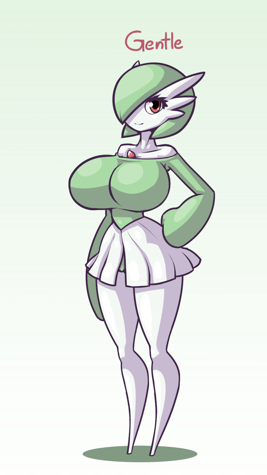 1girls, barefoot, breasts, eyelashes, feet, female, female only, furry, gardevoir, green hair, hair over one eye, huge breasts, limebreaker, long legs, pokemon, pokemon (species), pokemon rse, red eyes, shirt, skirt, smile, text, wide hips