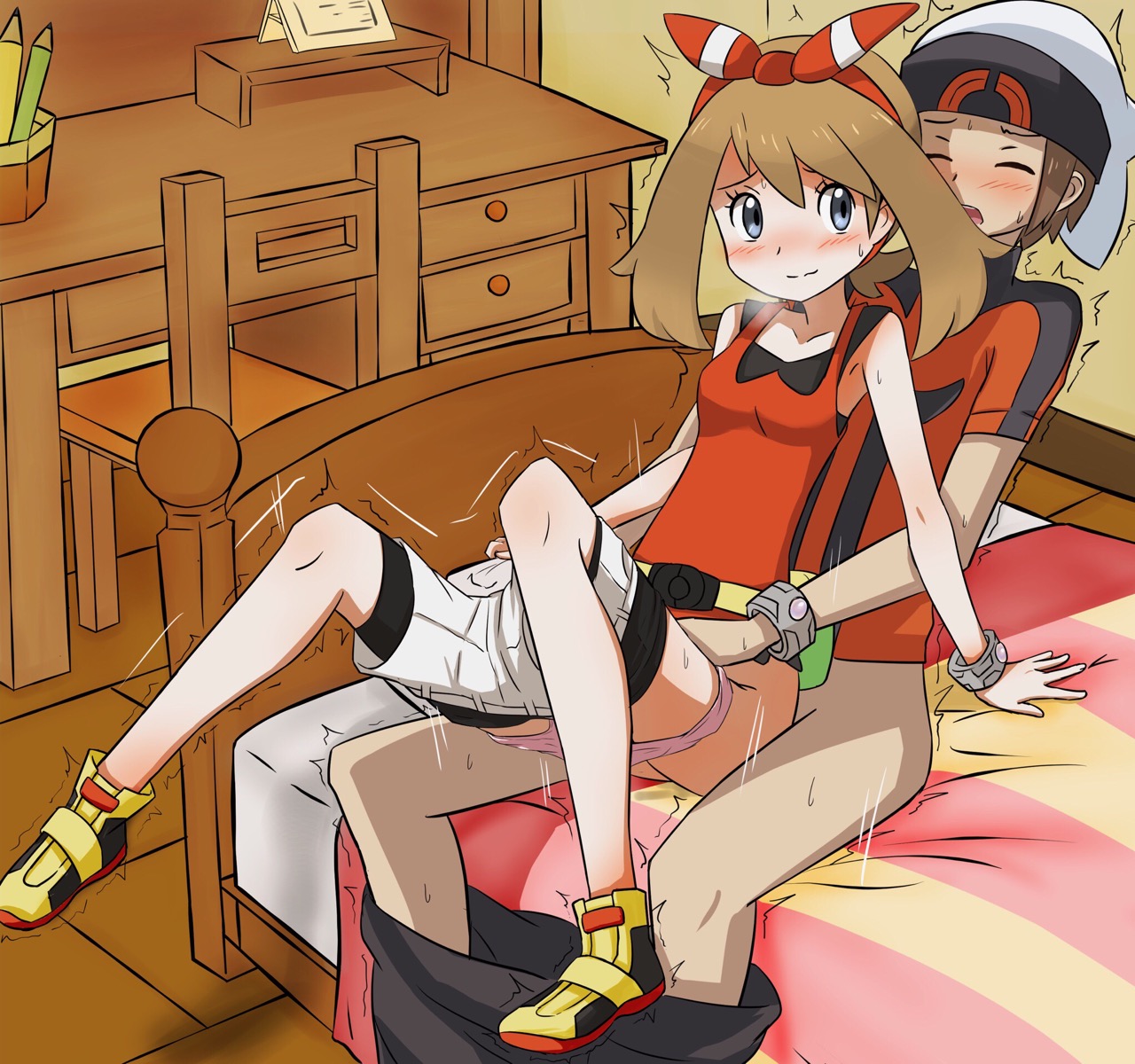 1boy, 1girls, bag, bangs, bare shoulders, beanie, belt, bike shorts, bike shorts pull, black pants, blush, breasts, breath, brendan (pokemon oras), brendan (pokemon), brown hair, chair, closed eyes, closed mouth, clothed sex, collarbone, cup, desk, fanny pack, female, full body, furanshisu, hairband, hat, heavy breathing, highres, human, human only, indoors, looking at another, looking back, male, may (pokemon oras), may (pokemon), motion lines, multicolored footwear, nintendo, on bed, open mouth, panties, pants, pants pull, panty pull, pencil, pillow, pink panties, pokemon, pokemon oras, red hairband, red shirt, sex, shiny, shiny hair, shirt, shoes, short hair, short shorts, short sleeves, shorts, shorts pull, sitting, sleeveless, sleeveless shirt, small breasts, smile, straight, sweat, teeth, textless, trembling, underwear, white hat, white shorts