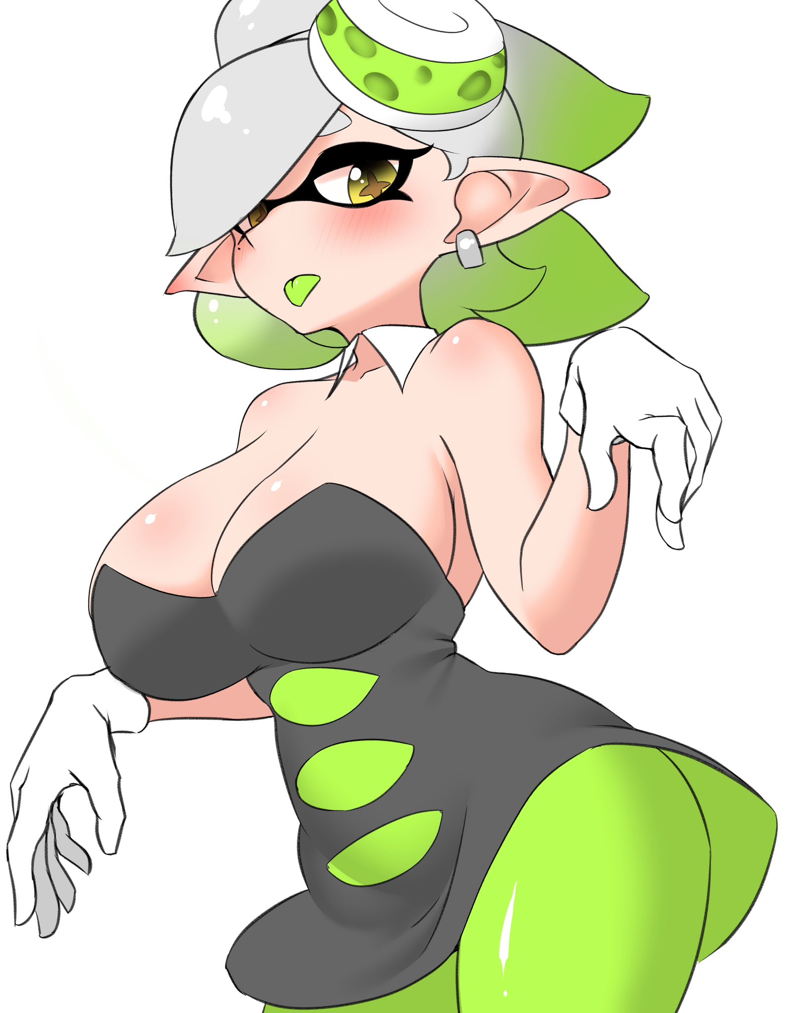 + +, 1girls, bare shoulders, big breasts, blush, breasts, cleavage, detached collar, female, gloves, green tongue, hair ornament, huge breasts, inkling, large breasts, looking at viewer, marie (splatoon), mole, mole under eye, nintendo, nobunagapero, pantyhose, pointy ears, shiny skin, short hair, solo, solo female, solo focus, splatoon, splatoon (series), squid sisters, tentacle hair, thighs, tongue, tongue out, two-tone hair, unusual pupils, white gloves