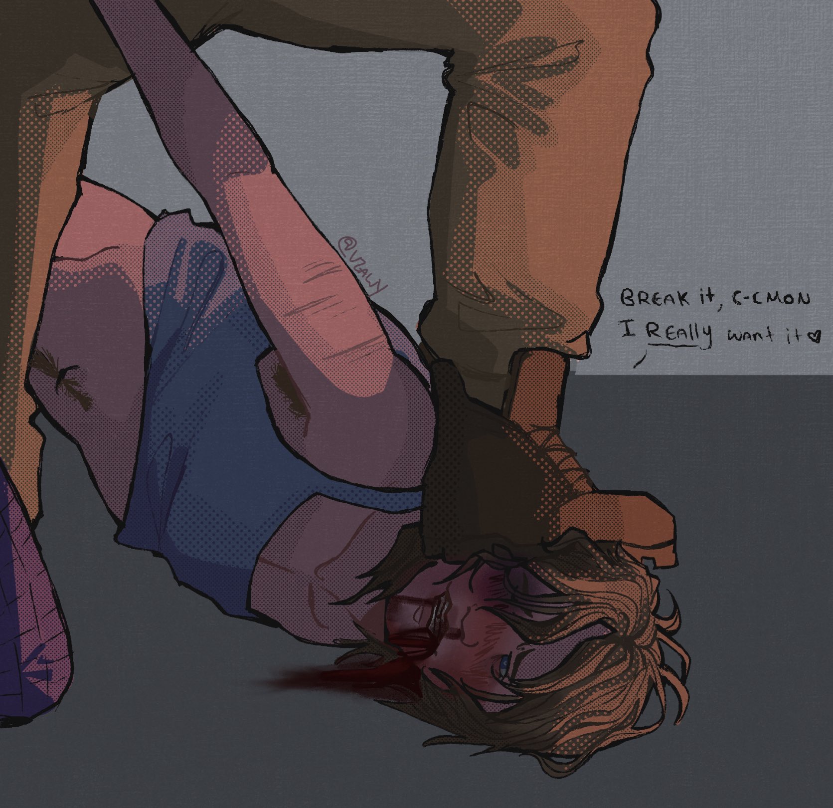 begging, begging for more, blood on face, bloody nose, boots, creepy guy (no, i'm not a human), english text, fully clothed, gay, lifted shirt, male only, masochism, masochist, no, i'm not a human, protagonist (no, i'm not a human), stepped on, stepping on head, text, text bubble