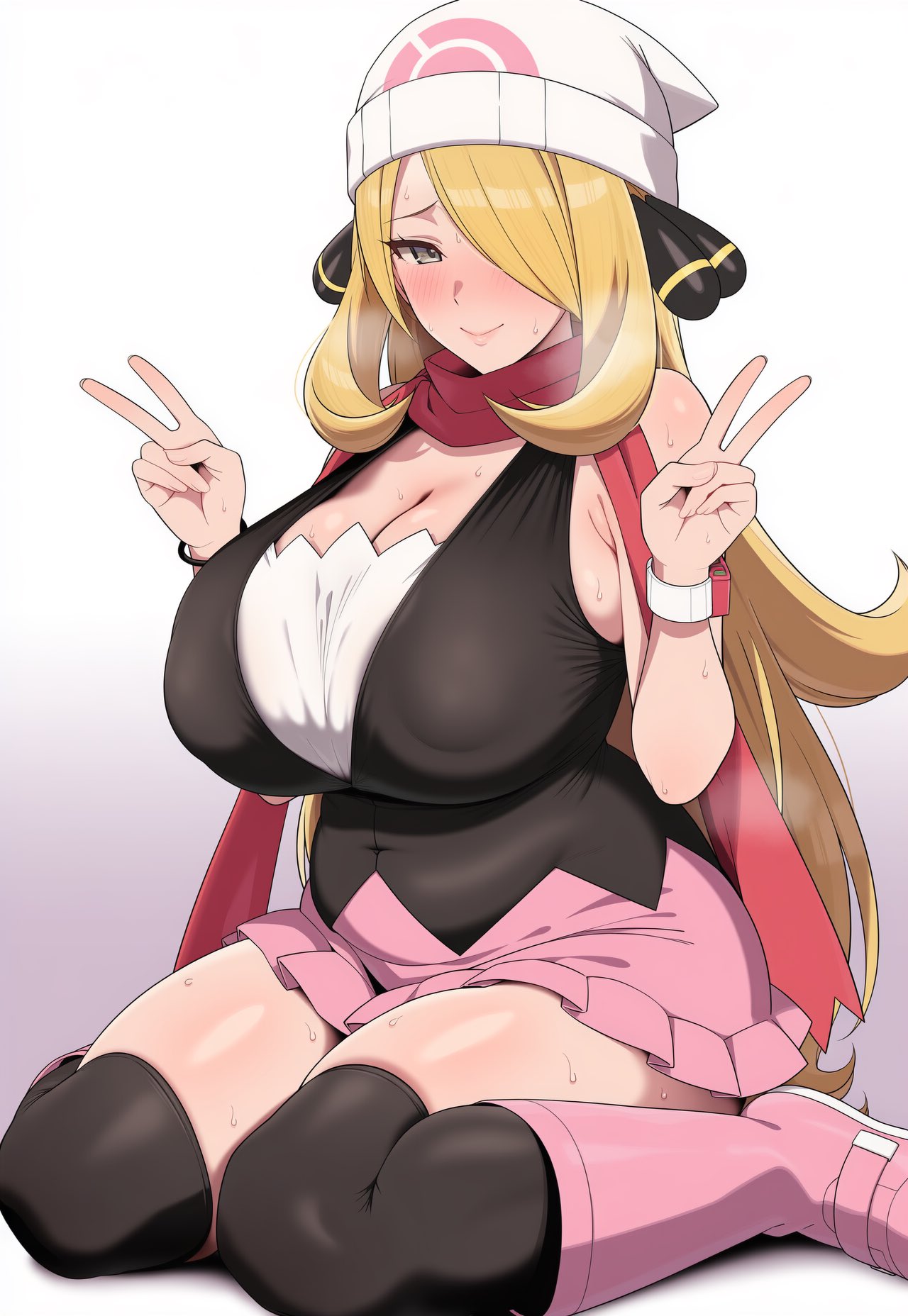 1girls, ai generated, bdfuri, beanie, black legwear, blonde hair, blush, boots, breasts, cleavage, cynthia (pokemon), dawn (pokemon), dawn (pokemon) (cosplay), double v, female, hair over one eye, hat, huge breasts, knee boots, long hair, looking at viewer, pink footwear, pink skirt, pokemon, scarf, sitting, skirt, sleeveless, smile, solo, sweat, thighhighs, v, w