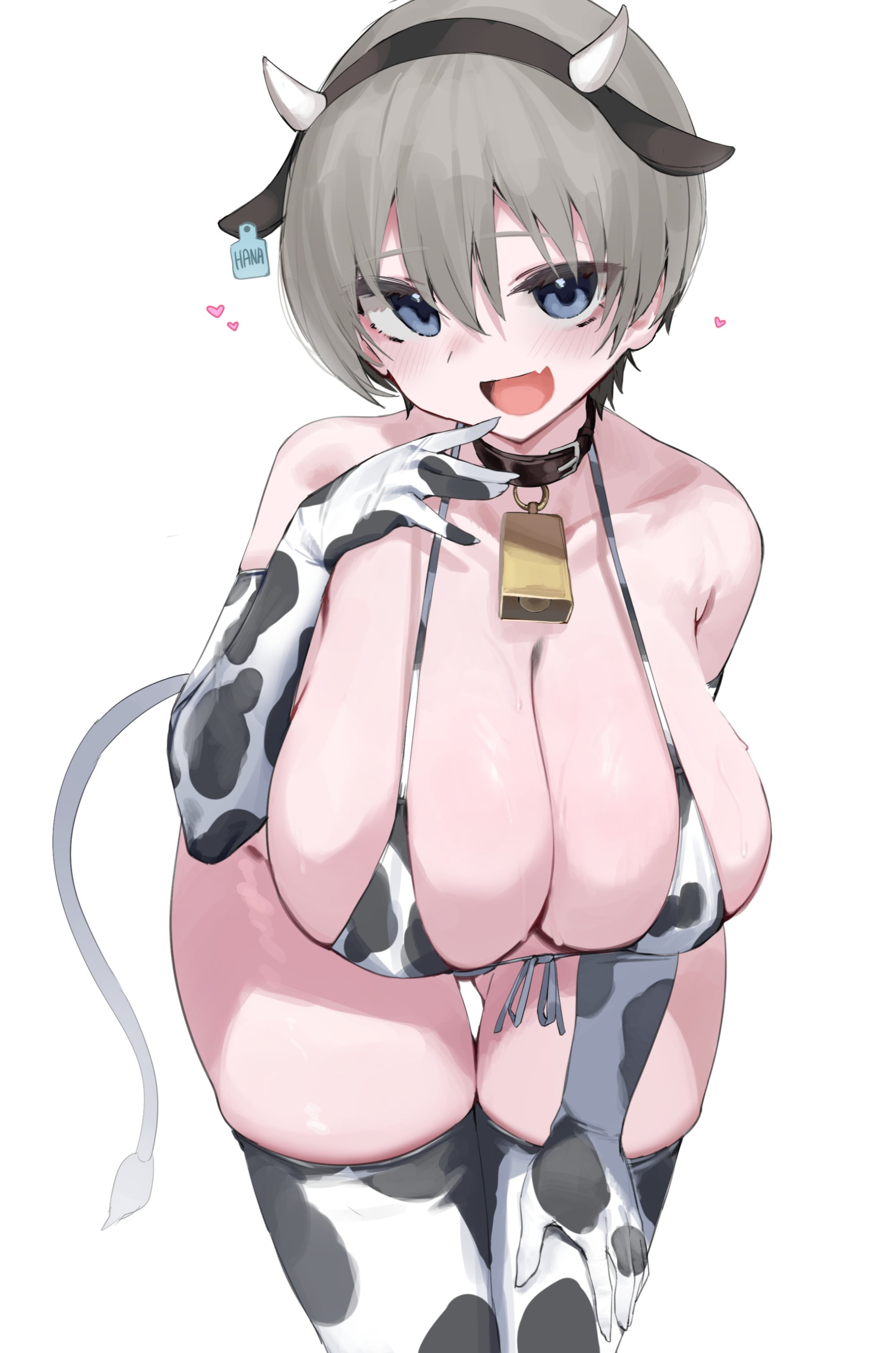 blue eyes, blushing, collar, cow horns, cow print, female, female only, grey hair, looking at viewer, massive breasts, nipples, raigyo (mk48torpedo), short hair, smiling, uzaki hana, uzaki-chan wa asobitai!