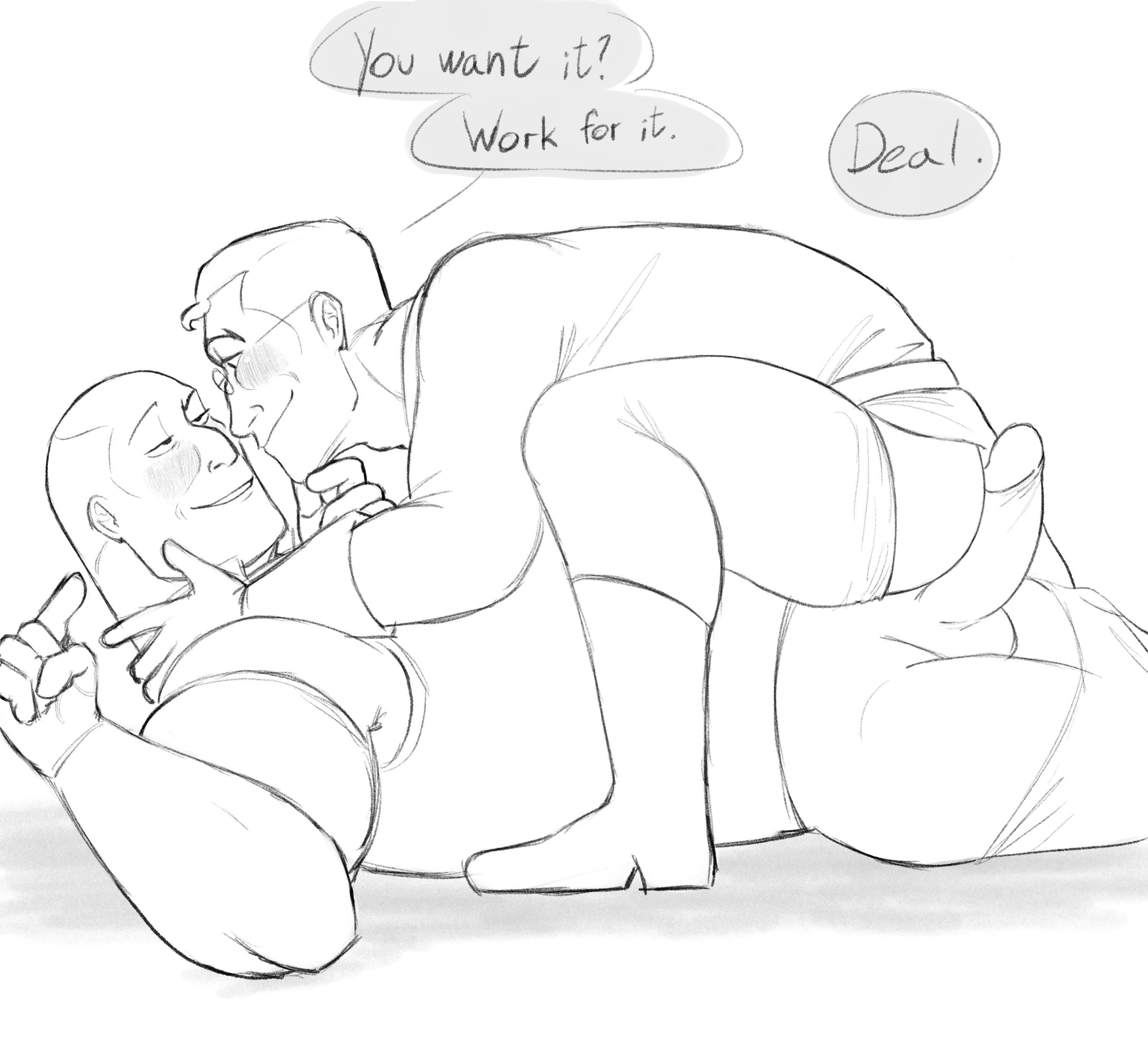 anal, anal sex, ass, bald, bara, big penis, bottomless, chin grab, cute, cute couple, dominant male, erect penis, gay, gay domination, gay sex, healer, healslut, heavy (team fortress 2), hotdogging, huge cock, imminent sex, large penis, lying on person, lying on stomach, married couple, medic (team fortress 2), mefjeff, older male, pants down, penis against ass, power bottom, romantic couple, romantic sex, smile, smirk, team fortress 2, teasing, yaoi
