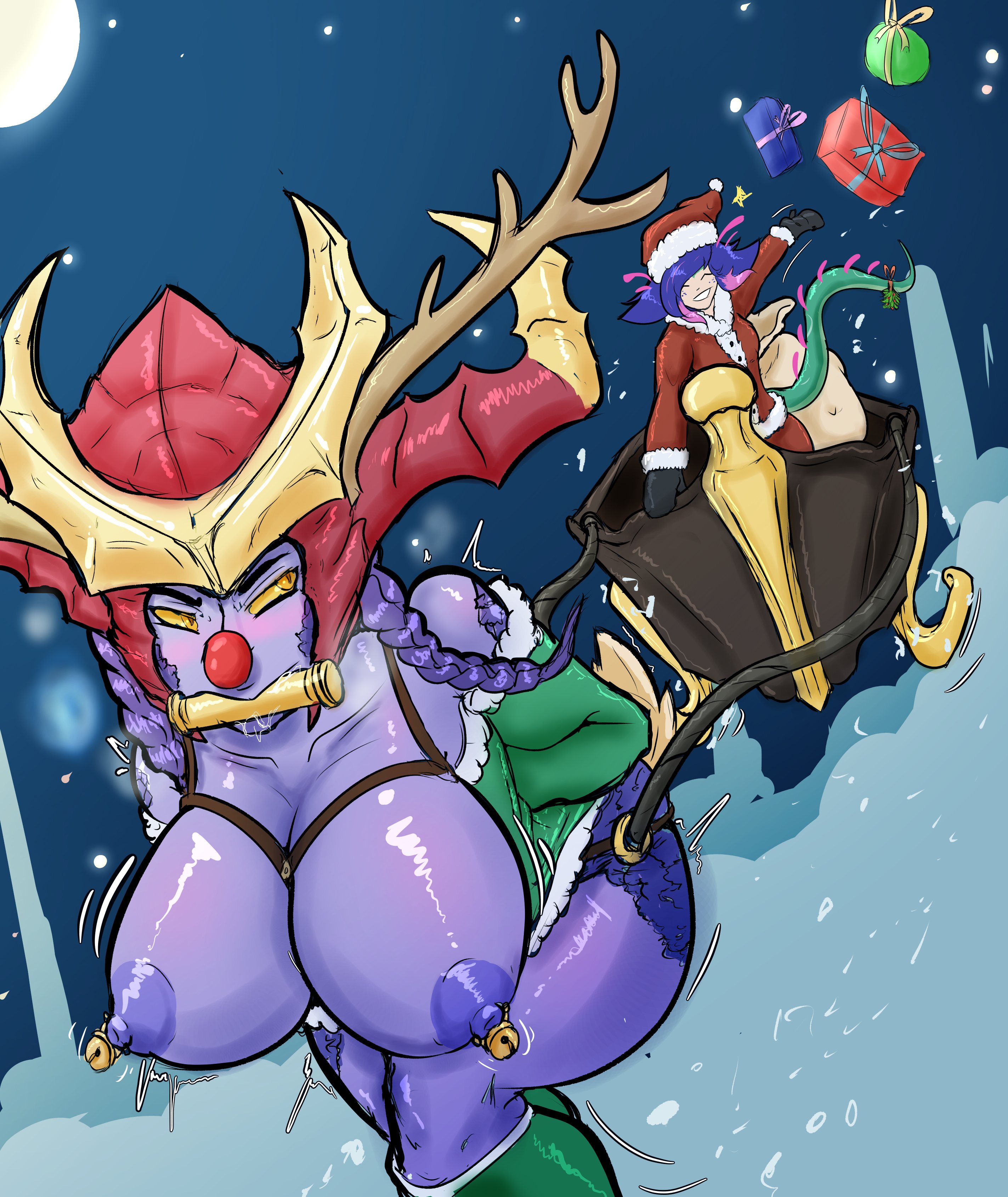 2girls, antlers, askforduran, ass, ass focus, bdsm gear, bdsm harness, bell piercing, bells, big ass, big breasts, big thighs, bit gag, black gloves, bondage, bondage gear, breasts, carriage, christmas, christmas clothing, christmas present, christmas presents, dominant female, dragon girl, drooling, exposed breasts, fake antlers, fake horns, female focus, femdom, femsub, flower, flower in hair, forced labor, forced submission, gag, league of legends, leash, lezdom, monster girl, multicolored hair, neeko, nipple piercing, nipples, nude female, outdoors, petplay, piercing, ponygirl, ponyplay, pulling carriage, purple body, red hair, reindeer girl, reindeer horns, reindeer tail, revealing clothes, riot games, santa costume, shyvana, slave, slave girl, sleigh, smiling, snow, snowing, solo female, submissive, tail, thighs, tied arms, tied arms behind back, twintails, voluptuous female, yellow eyes, yuri