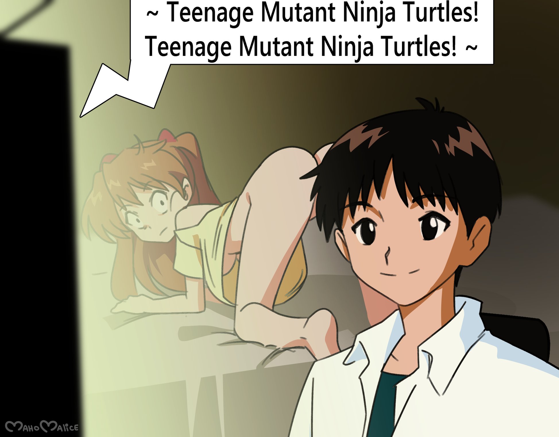 1boy, 1boy1girl, 1girls, 2024, 2d, 2d (artwork), artist watermark, asuka langley sohryu, humor, ikari shinji, maho malice, meme, myahogao, neon genesis evangelion, no sex, obscured genitals, on bed, on fours, red hair, redhead female, shinji ikari, shirt only, short hair, short hair male, short-haired male, souryuu asuka langley, tagme, watching tv