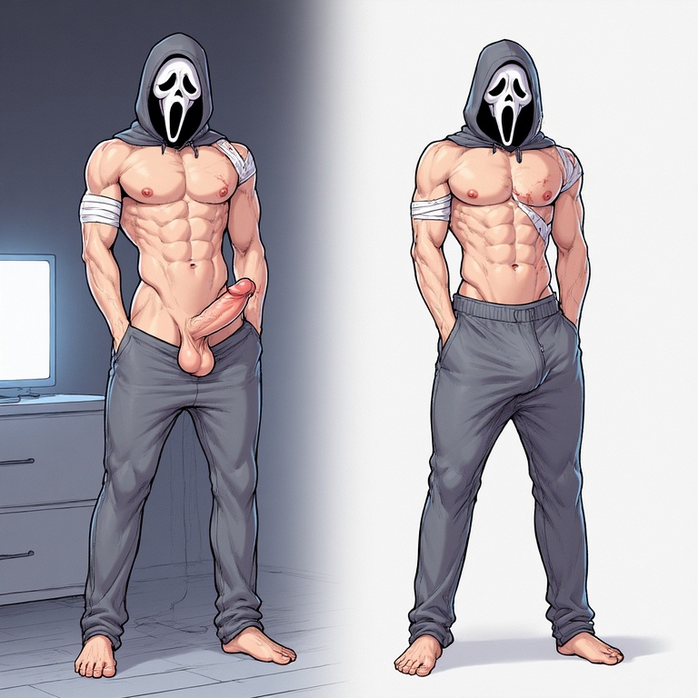 ai generated, ass, bandage, bandaged arm, bandages, before and after, black fabric, bulge, bulge through clothing, bulge under clothes, casual, casual exposure, casual nudity, clothed, danny johnson, dead by daylight, ghostface, hands in pockets, hanging balls, hanging penis, hidden face, human, killer, looking at viewer, louisistired, male, male only, manly, mask, masked, masked male, muscular, no underwear, pants down, penis, perfect body, scream (franchise), serial killer, shaved balls, shaved penis, shaved pubes, solo, strip, stripped, stripped naked, sweatpants, tv, two pictures