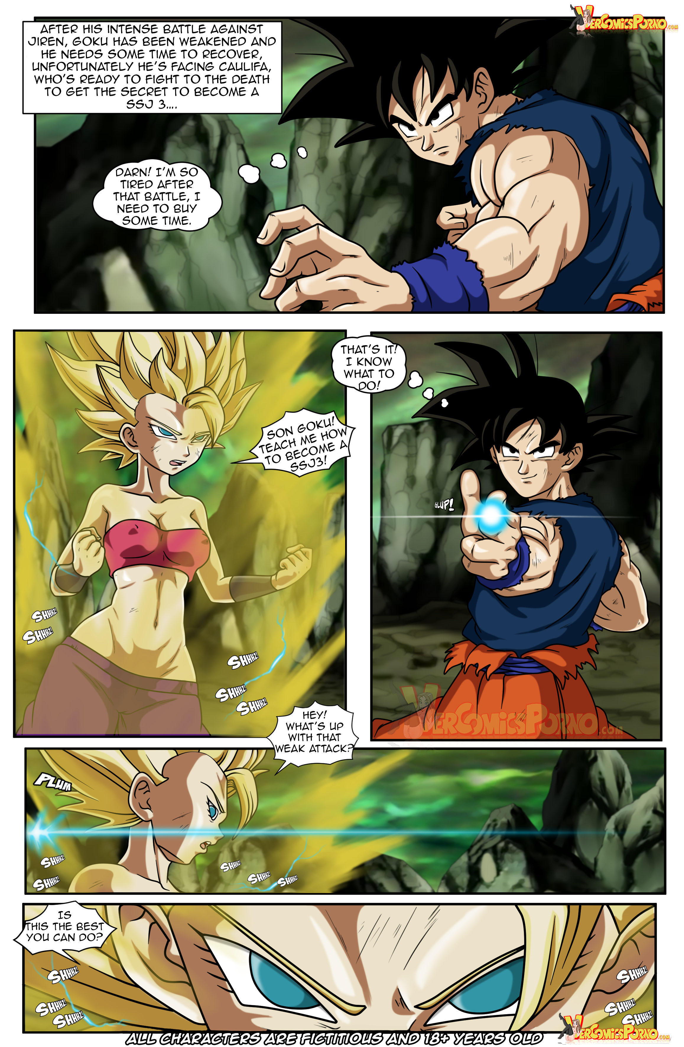 1boy, 1girls, aura, bare shoulders, blonde-haired female, blue eyes, breasts, caulifla, collarbone, comic, dragon ball, dragon ball super, english text, female, fight, fusion, grey eyes, groin, hips, male, midriff, narrow waist, navel, nipple bulge, petite female, saiyan, slim waist, son goku, spiked hair, spiky hair, super saiyan, super saiyan 2, text, tomboy, tournament of power, transformation, universe 6 saiyan/universe 7 saiyan, vercomicsporno