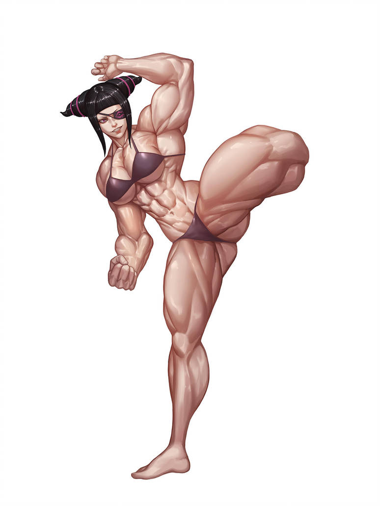 1girls, amazon, bikini, black hair, extreme muscles, eye patch, female, female only, fully clothed, juri han, muscles, muscular, muscular female, purple clothing, revealing clothes, rokupan, solo, street fighter, swimsuit, thick thighs