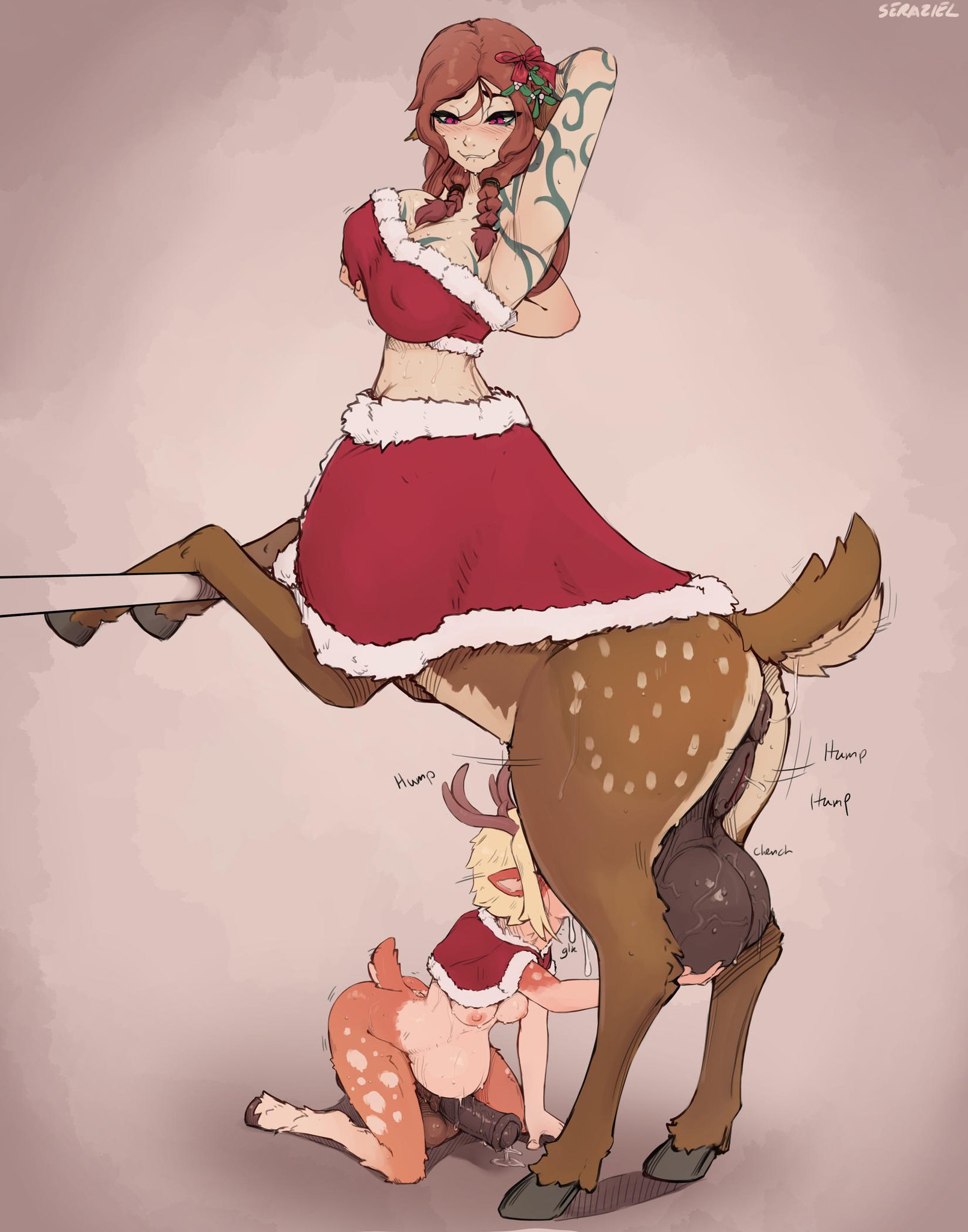 2futas, animal penis, audrey divalia, balls, battlerite, blossom (battlerite), bottomless, breasts, centaur, centaur futa, centauress, cervitaur, clothed, clothing, cumflation, deer, deer girl, deer taur, duo, erection, full-package futa, fur, futa focus, futa on futa, futa only, futanari, futataur, horsecock, huge breasts, huge cock, humanoid, hung bottom, kneeling, light skin, light-skinned female, light-skinned futa, medium breasts, monster girl, mostly clothed, mostly nude, penis, seraziel, standing, tagme